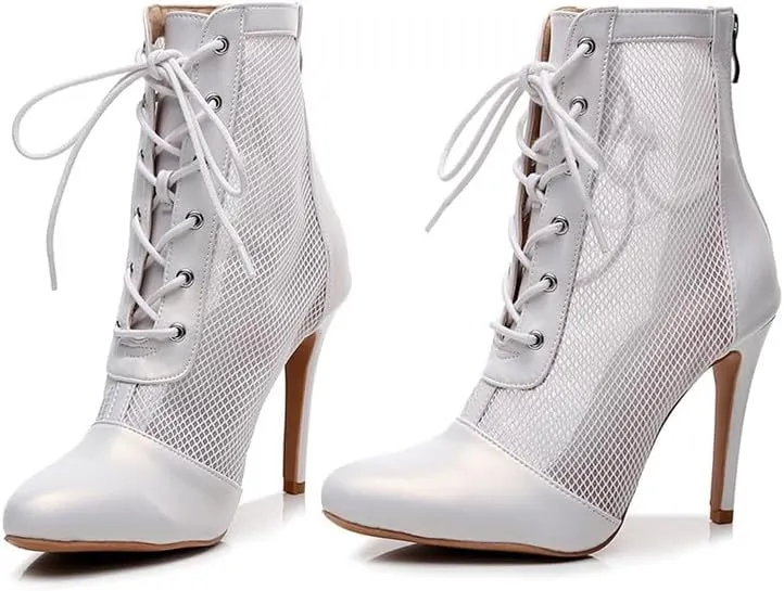 HIPPOSEUS Women's Heels Dance Boot Closed Toe High Heel Mesh Ankle Dance Shoes