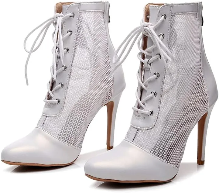 HIPPOSEUS Women's Heels Dance Boot Closed Toe High Heel Mesh Ankle Dance Shoes
