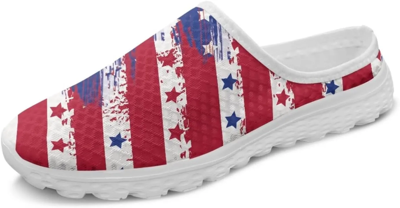 Howilath American Flag Print Women Mules Shoes Slip on Shoes Arch Support Garden Clogs Mesh Loafers with EVA Sole