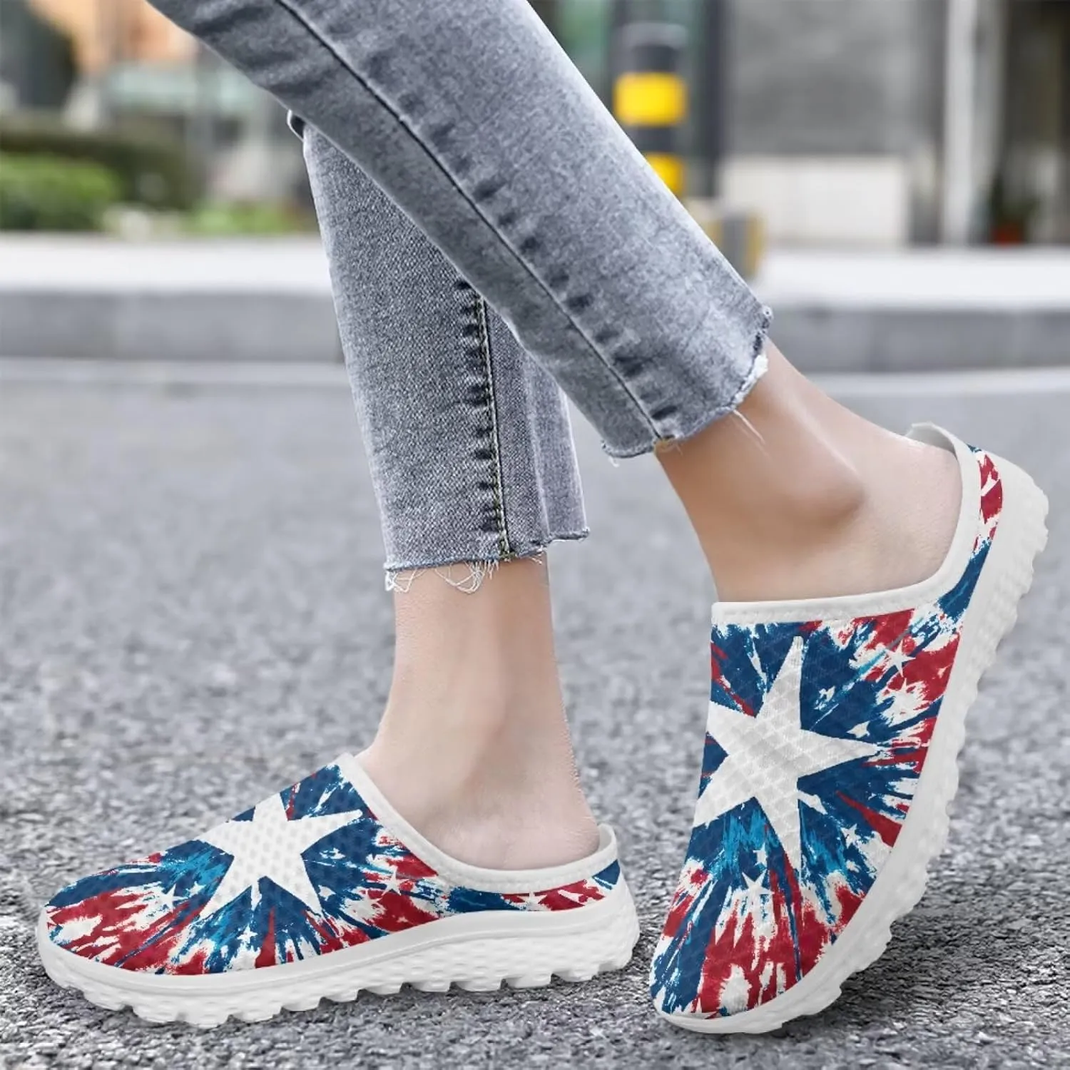 Howilath American Flag Print Women Mules Shoes Slip on Shoes Arch Support Garden Clogs Mesh Loafers with EVA Sole