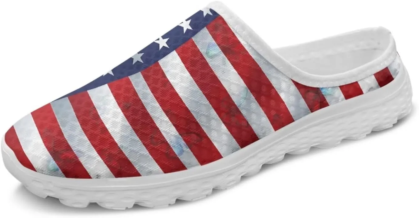 Howilath American Flag Print Women Mules Shoes Slip on Shoes Arch Support Garden Clogs Mesh Loafers with EVA Sole