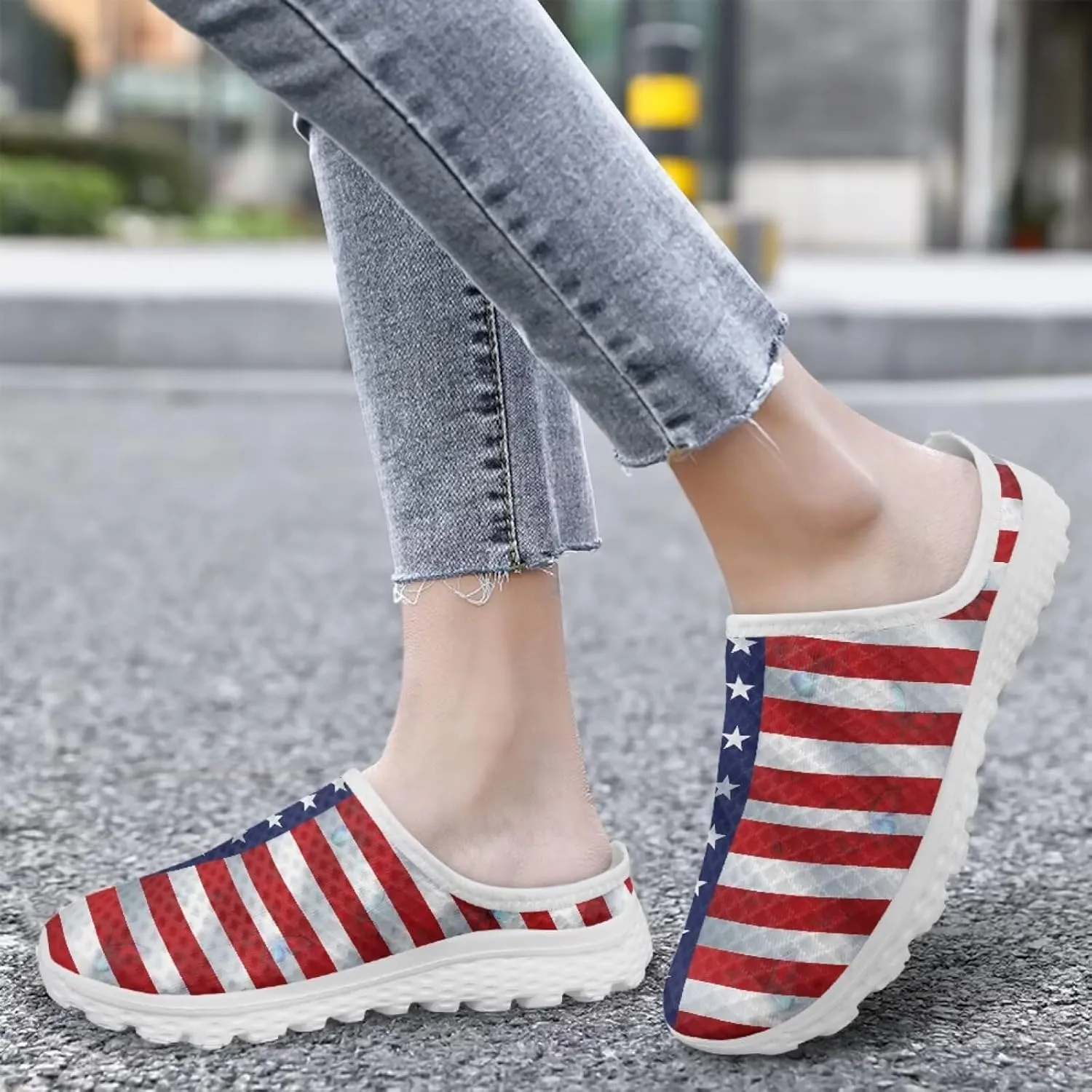 Howilath American Flag Print Women Mules Shoes Slip on Shoes Arch Support Garden Clogs Mesh Loafers with EVA Sole