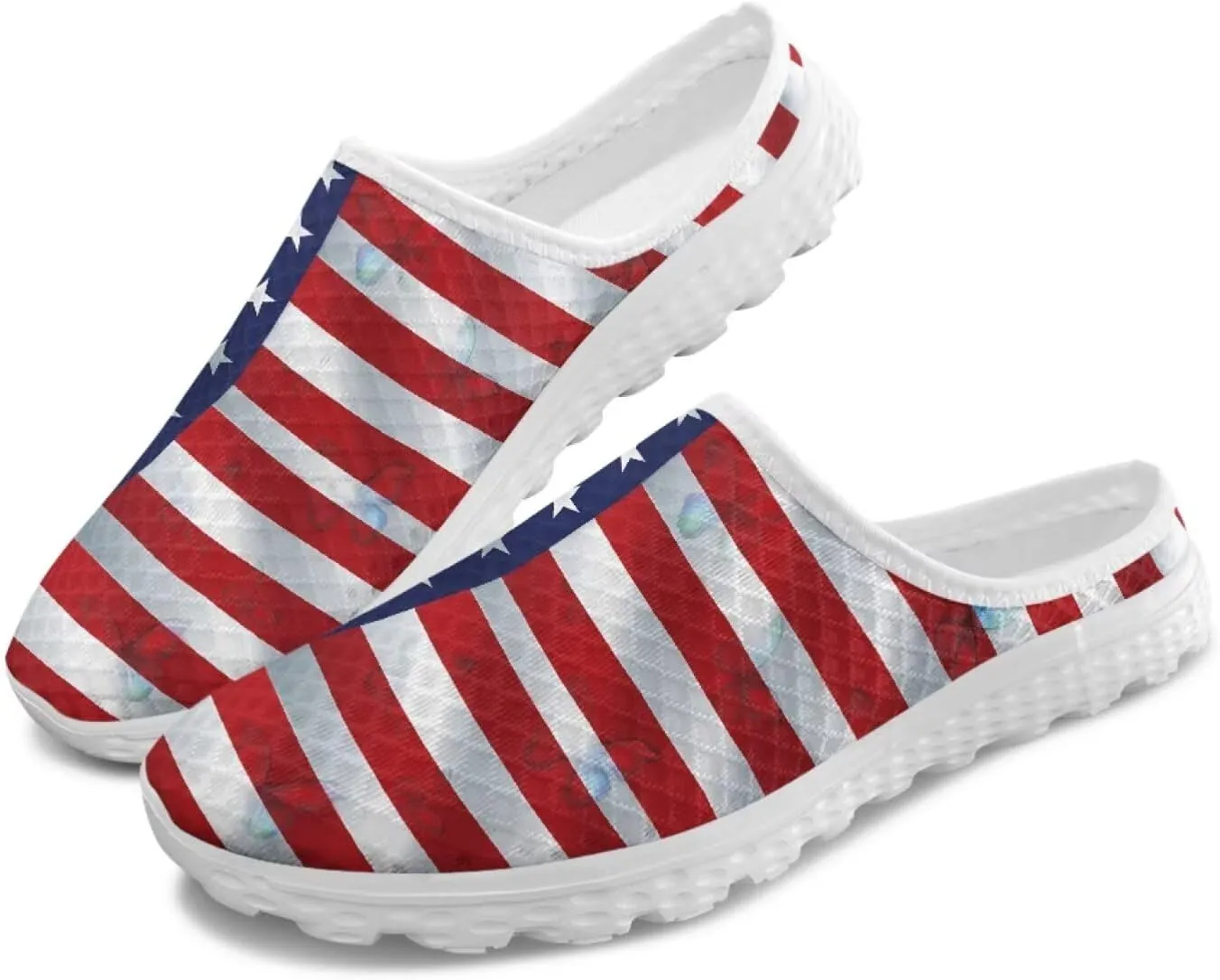 Howilath American Flag Print Women Mules Shoes Slip on Shoes Arch Support Garden Clogs Mesh Loafers with EVA Sole