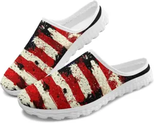 Howilath American Flag Print Women Mules Shoes Slip on Shoes Arch Support Garden Clogs Mesh Loafers with EVA Sole