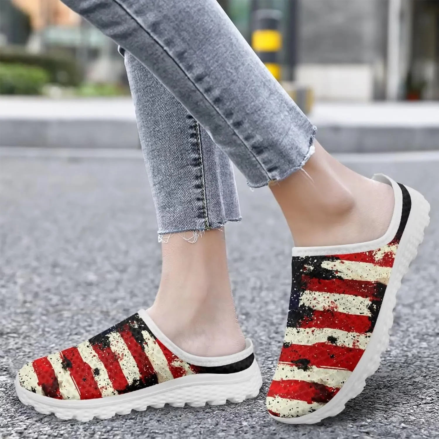 Howilath American Flag Print Women Mules Shoes Slip on Shoes Arch Support Garden Clogs Mesh Loafers with EVA Sole