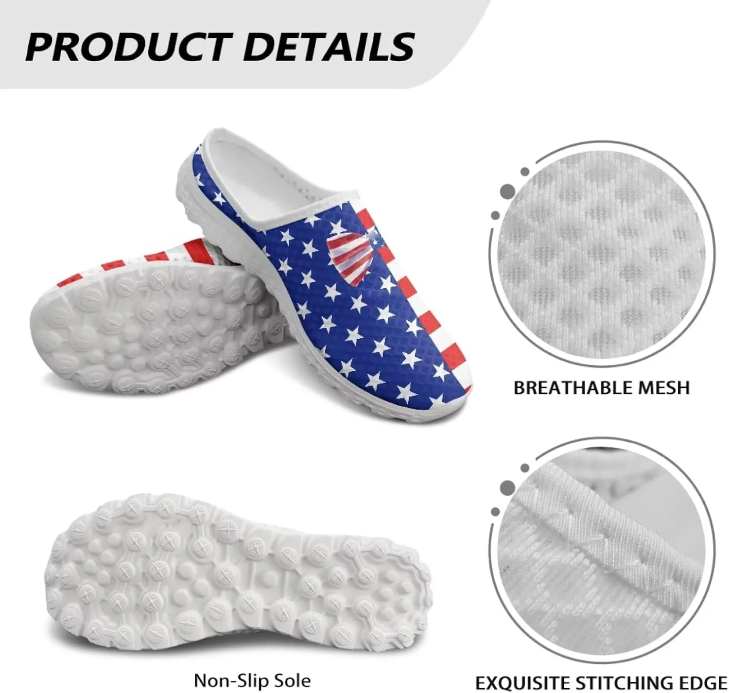 Howilath American Flag Print Women Mules Shoes Slip on Shoes Arch Support Garden Clogs Mesh Loafers with EVA Sole