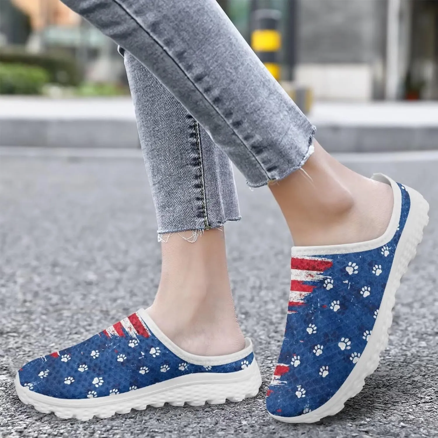 Howilath American Flag Print Women Mules Shoes Slip on Shoes Arch Support Garden Clogs Mesh Loafers with EVA Sole