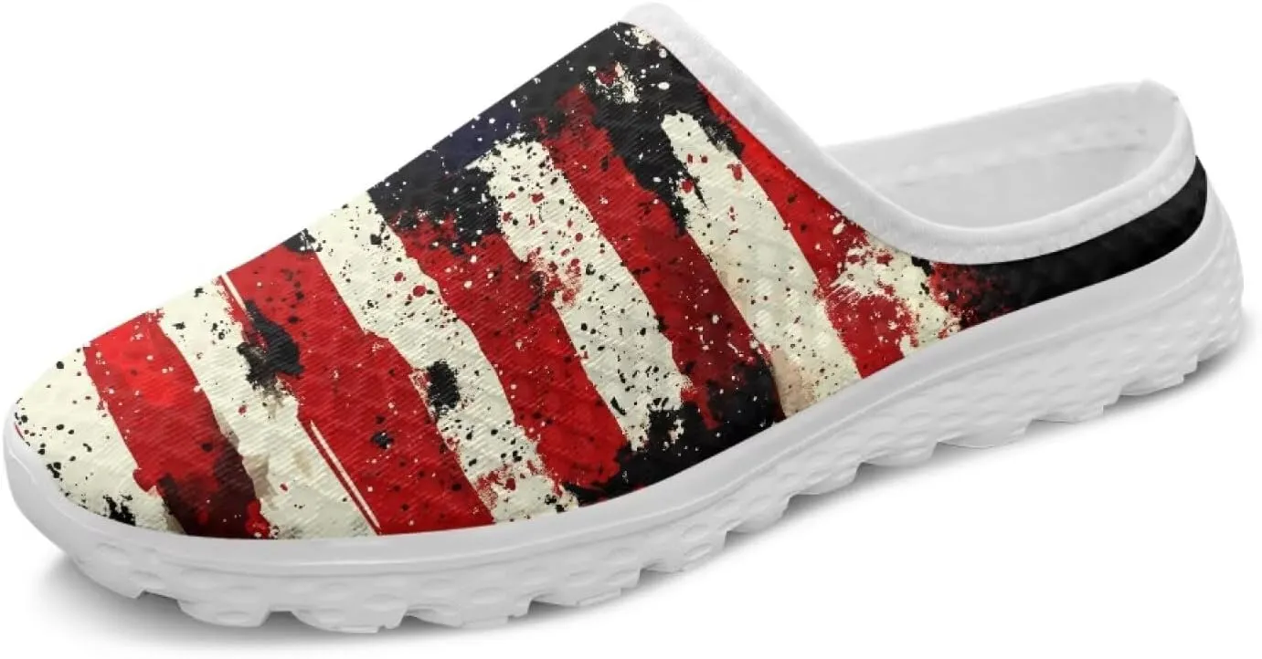 Howilath American Flag Print Women Mules Shoes Slip on Shoes Arch Support Garden Clogs Mesh Loafers with EVA Sole