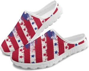 Howilath American Flag Print Women Mules Shoes Slip on Shoes Arch Support Garden Clogs Mesh Loafers with EVA Sole