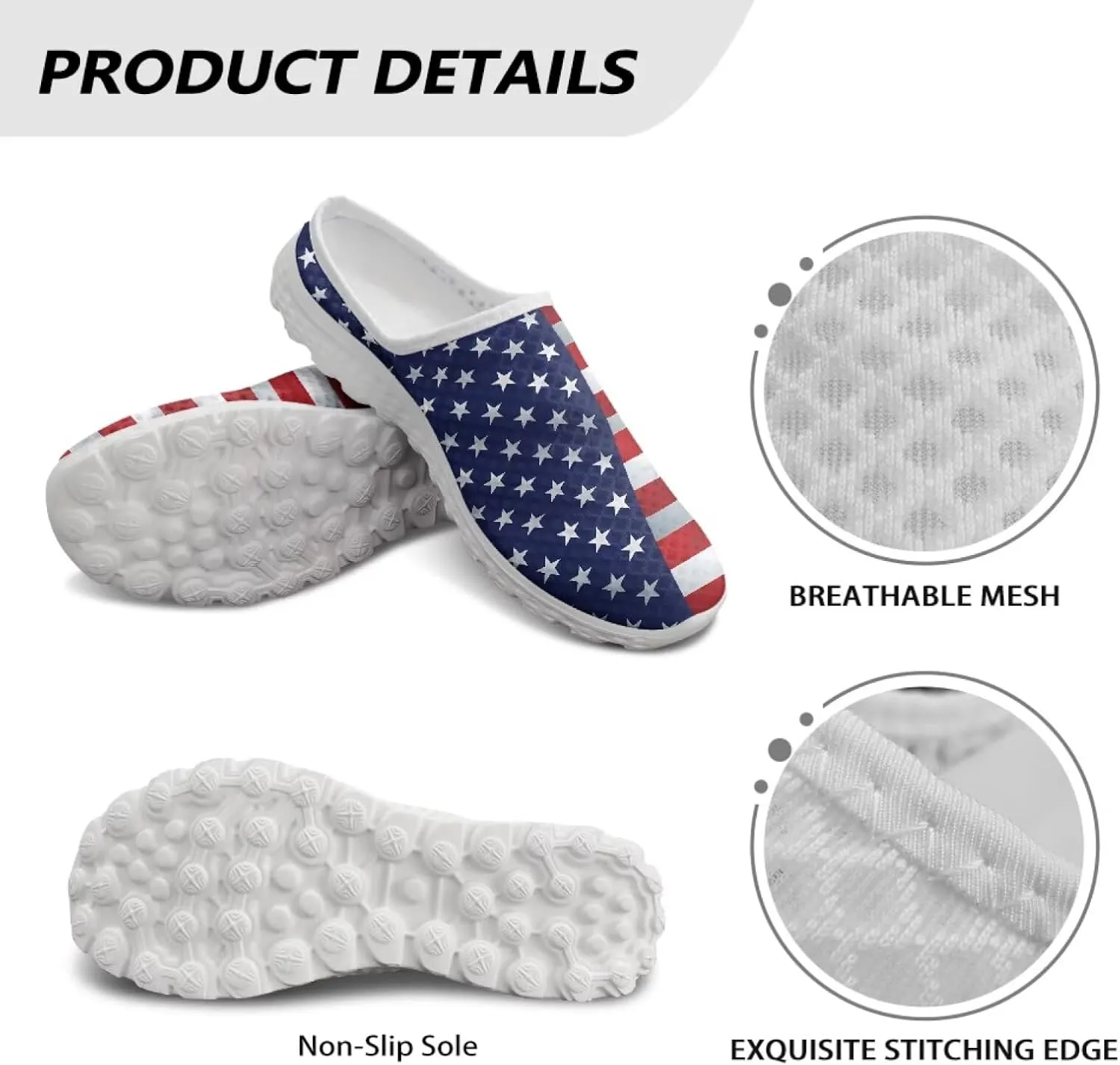 Howilath American Flag Print Women Mules Shoes Slip on Shoes Arch Support Garden Clogs Mesh Loafers with EVA Sole