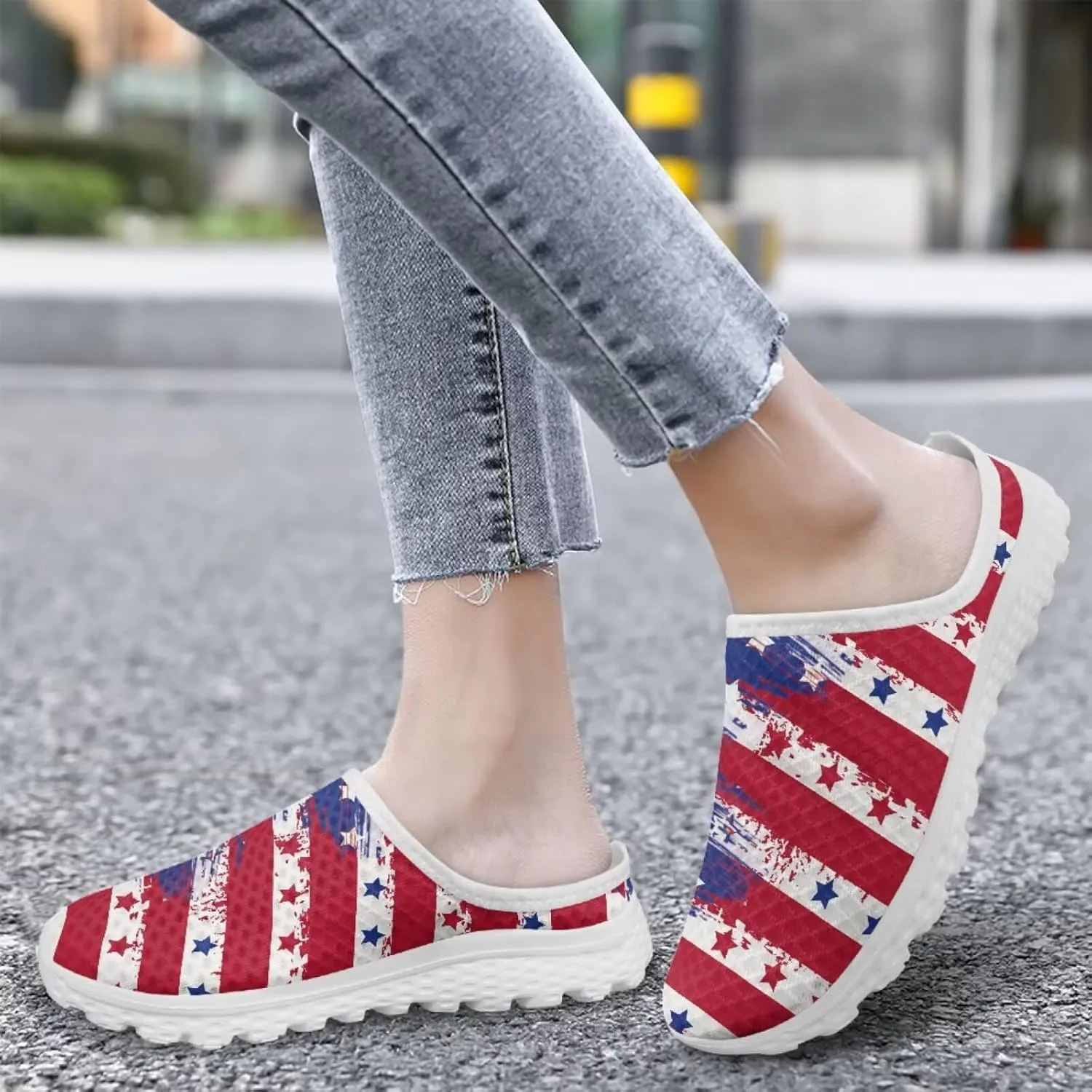 Howilath American Flag Print Women Mules Shoes Slip on Shoes Arch Support Garden Clogs Mesh Loafers with EVA Sole