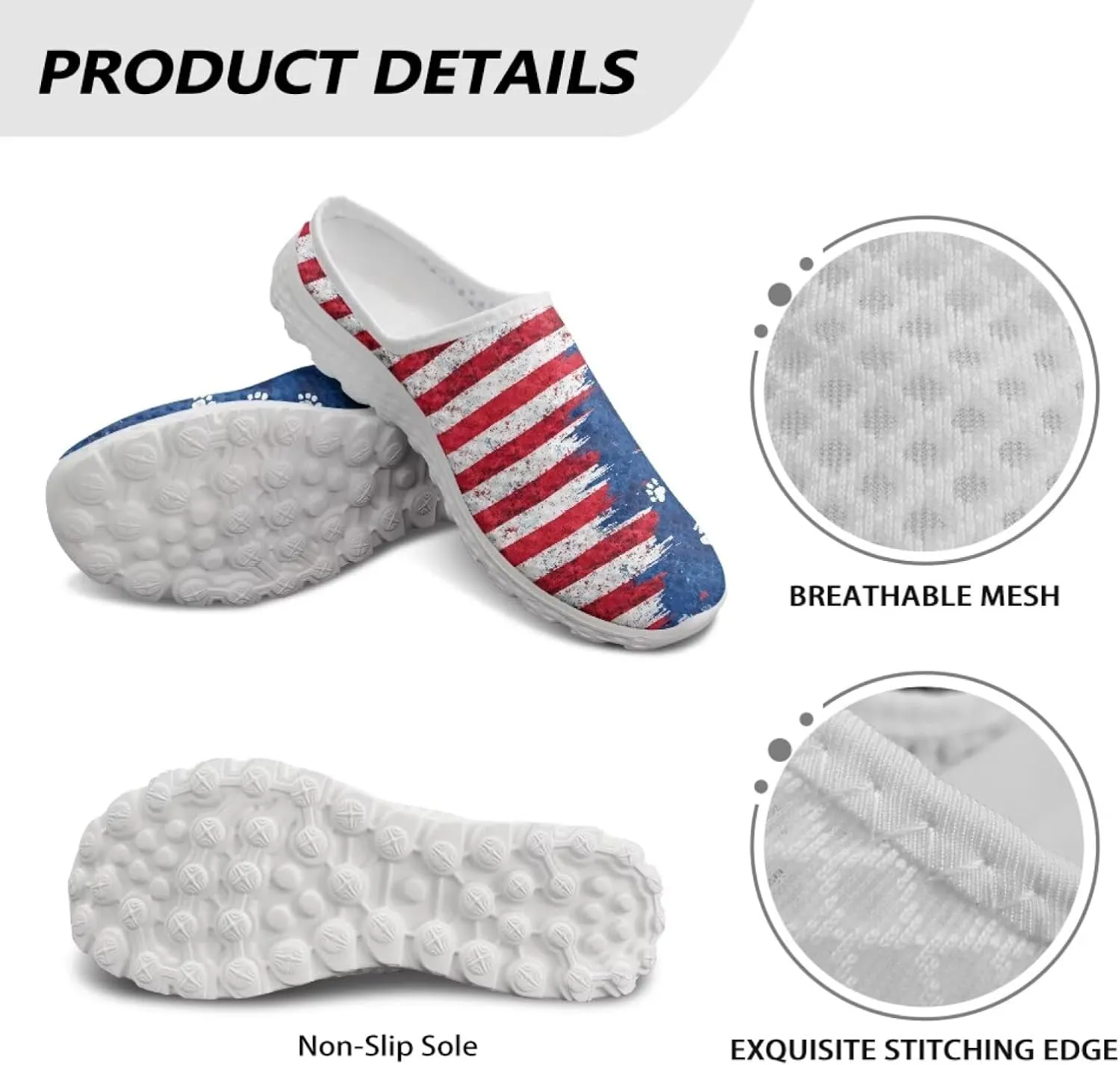 Howilath American Flag Print Women Mules Shoes Slip on Shoes Arch Support Garden Clogs Mesh Loafers with EVA Sole
