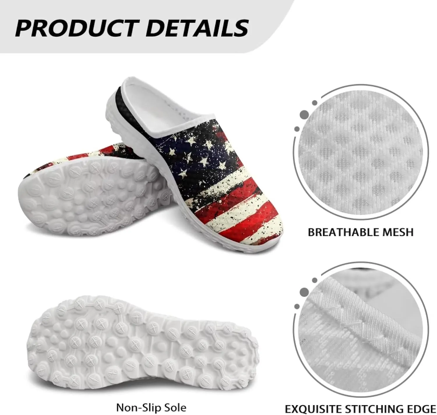 Howilath American Flag Print Women Mules Shoes Slip on Shoes Arch Support Garden Clogs Mesh Loafers with EVA Sole