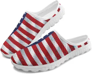 Howilath American Flag Print Women Mules Shoes Slip on Shoes Arch Support Garden Clogs Mesh Loafers with EVA Sole