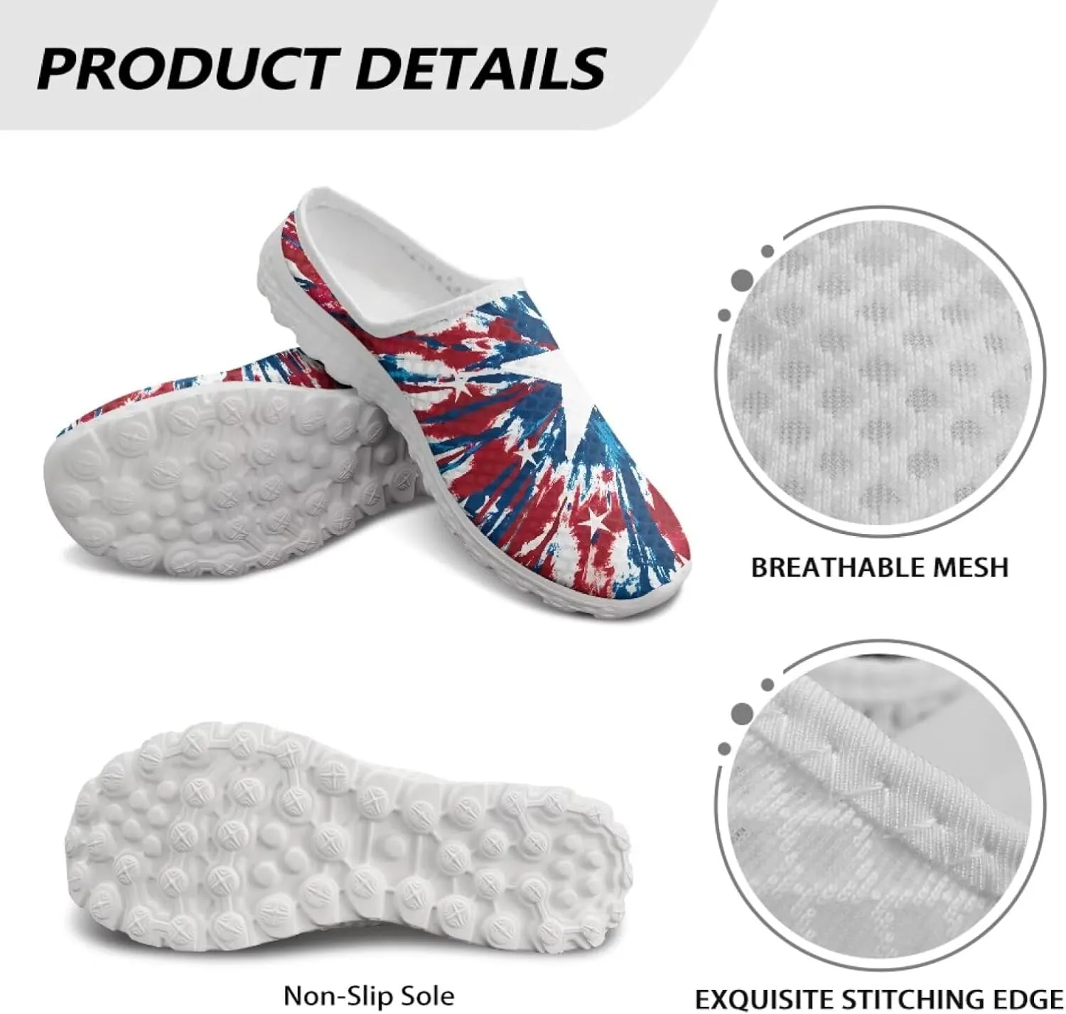 Howilath American Flag Print Women Mules Shoes Slip on Shoes Arch Support Garden Clogs Mesh Loafers with EVA Sole