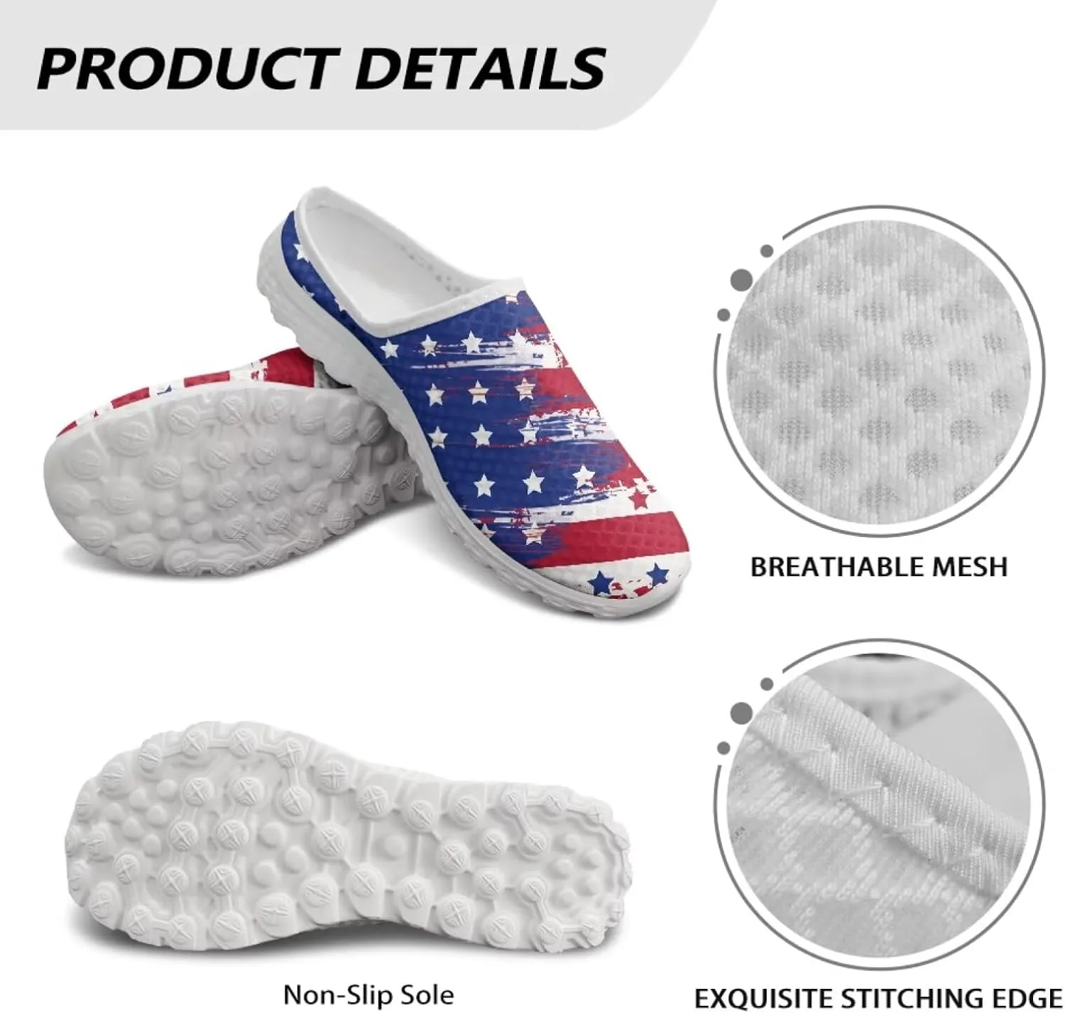 Howilath American Flag Print Women Mules Shoes Slip on Shoes Arch Support Garden Clogs Mesh Loafers with EVA Sole