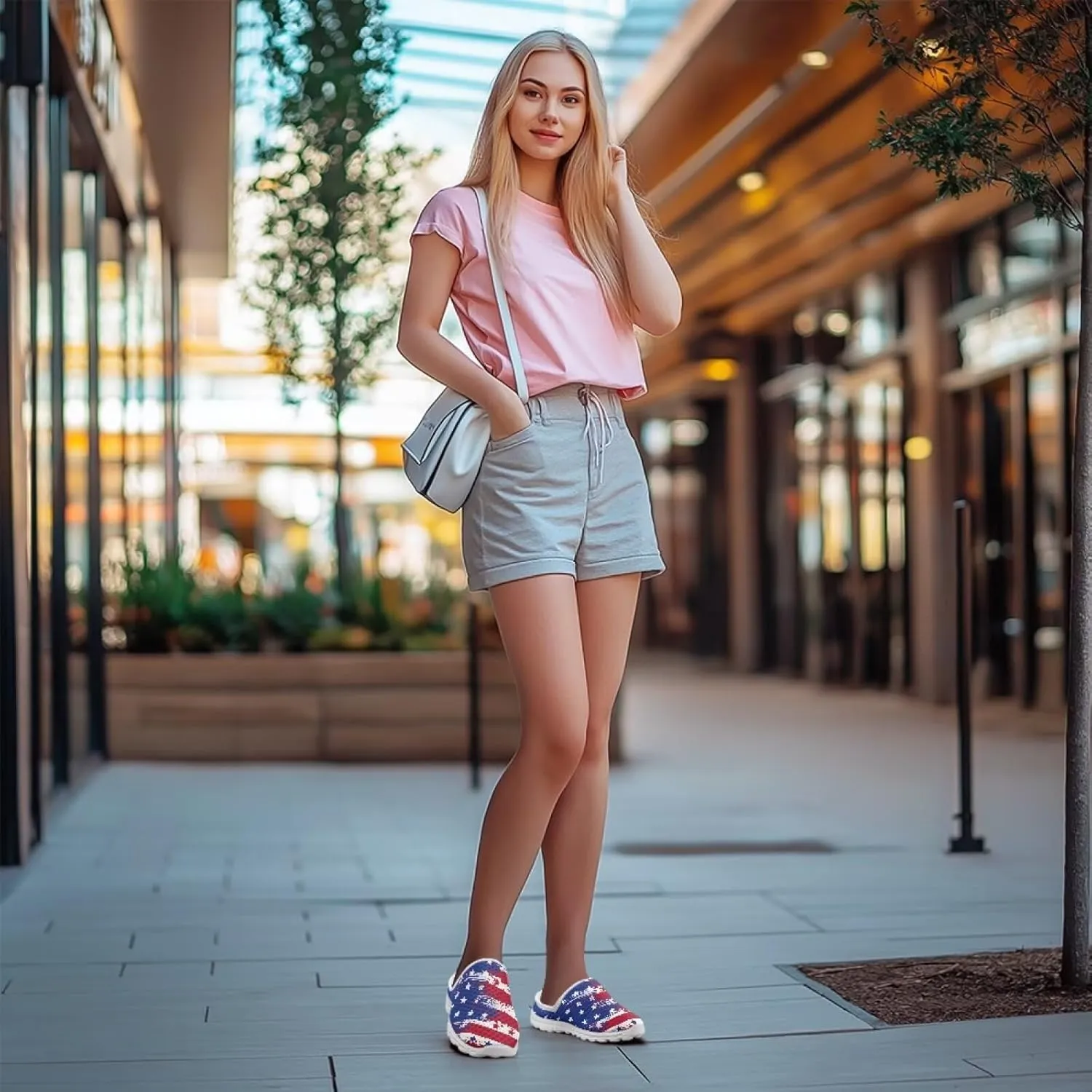 Howilath American Flag Print Women Mules Shoes Slip on Shoes Arch Support Garden Clogs Mesh Loafers with EVA Sole