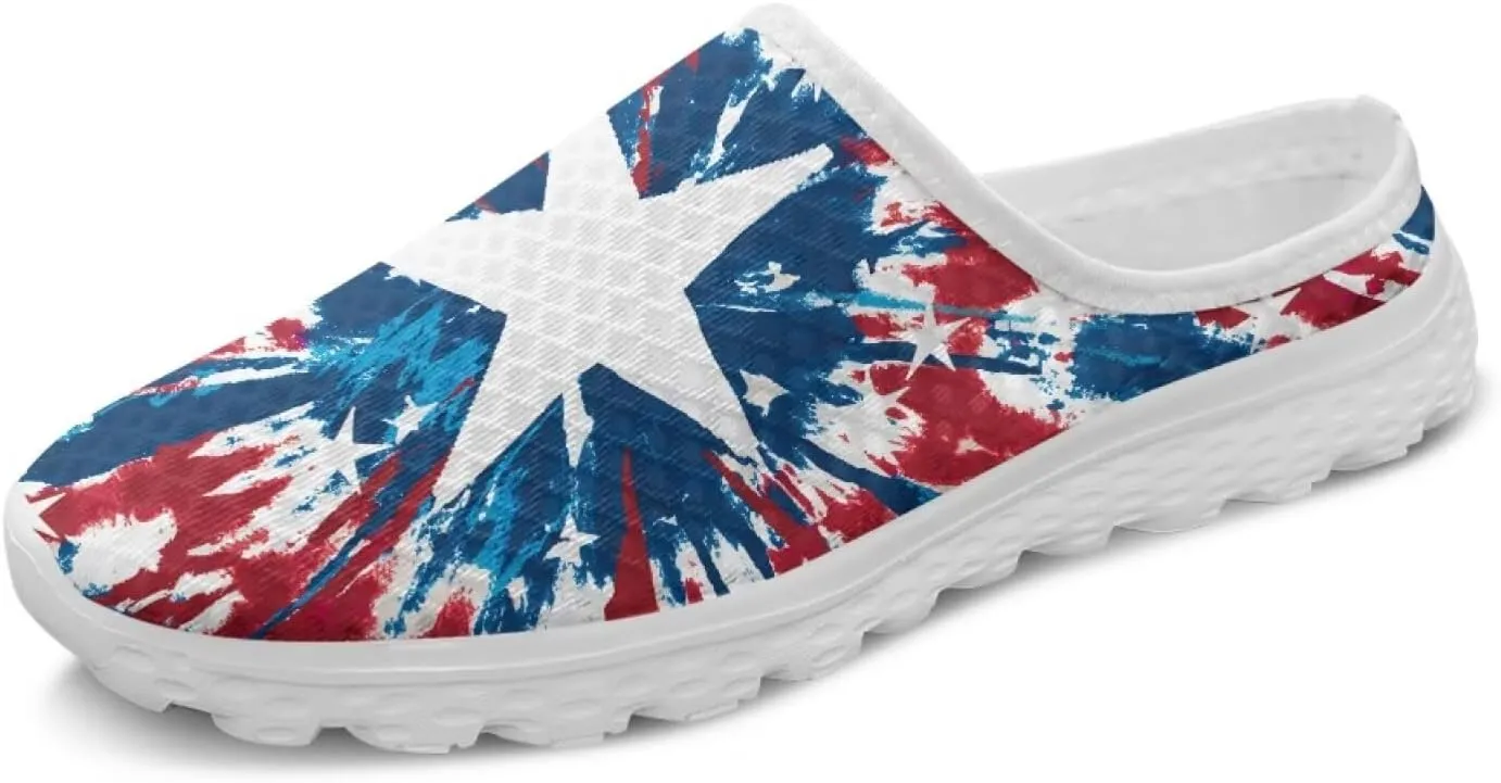 Howilath American Flag Print Women Mules Shoes Slip on Shoes Arch Support Garden Clogs Mesh Loafers with EVA Sole