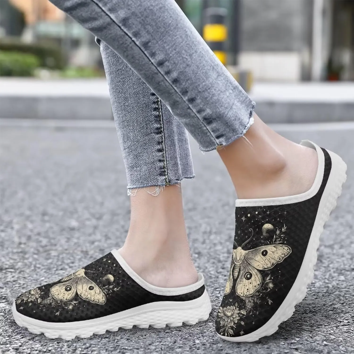 Howilath Butterfly & Dragonfly Mule Tennis Shoes for Women Anti-Slip Mule Sneakers Slip on Tennis Shoes Casual Loafers