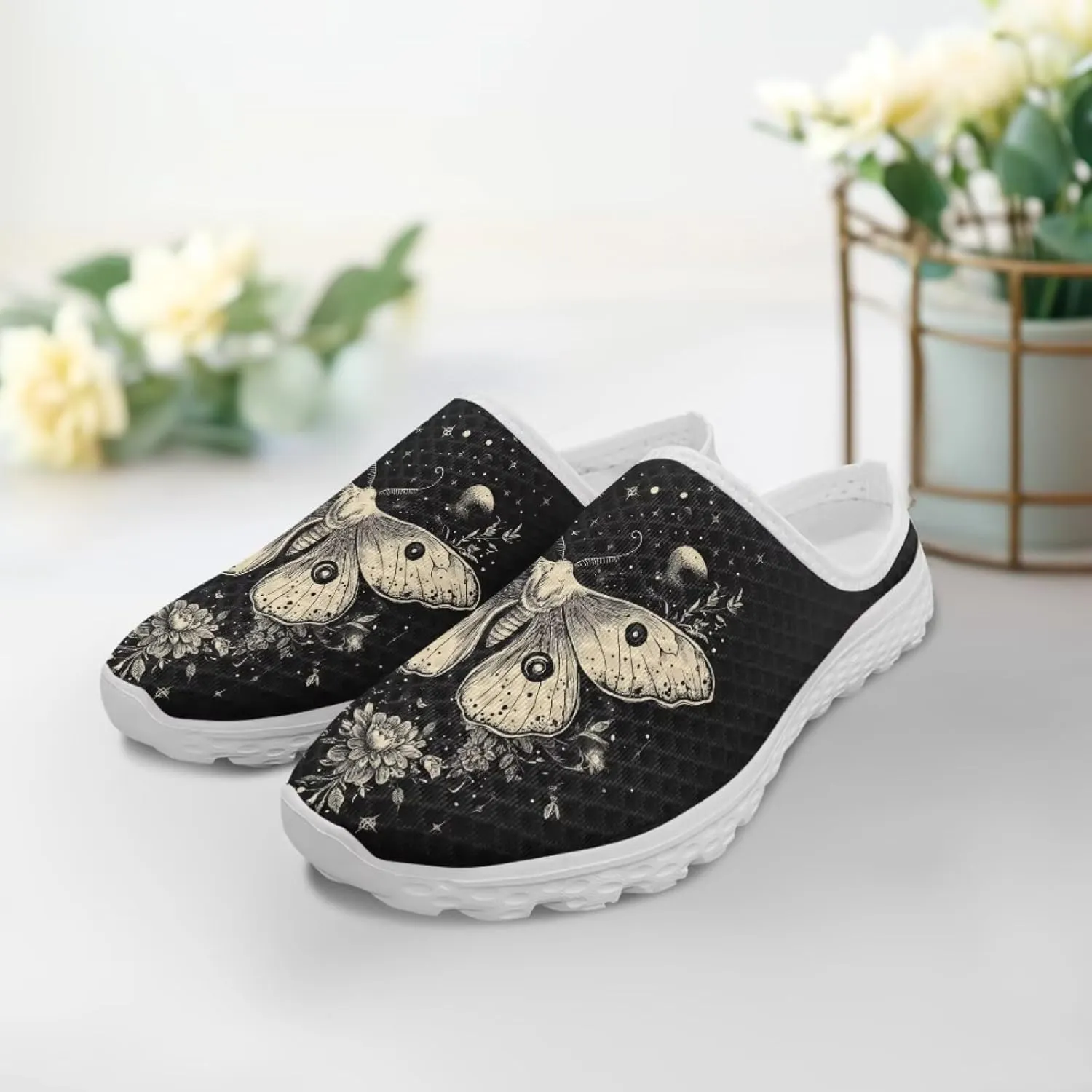 Howilath Butterfly & Dragonfly Mule Tennis Shoes for Women Anti-Slip Mule Sneakers Slip on Tennis Shoes Casual Loafers