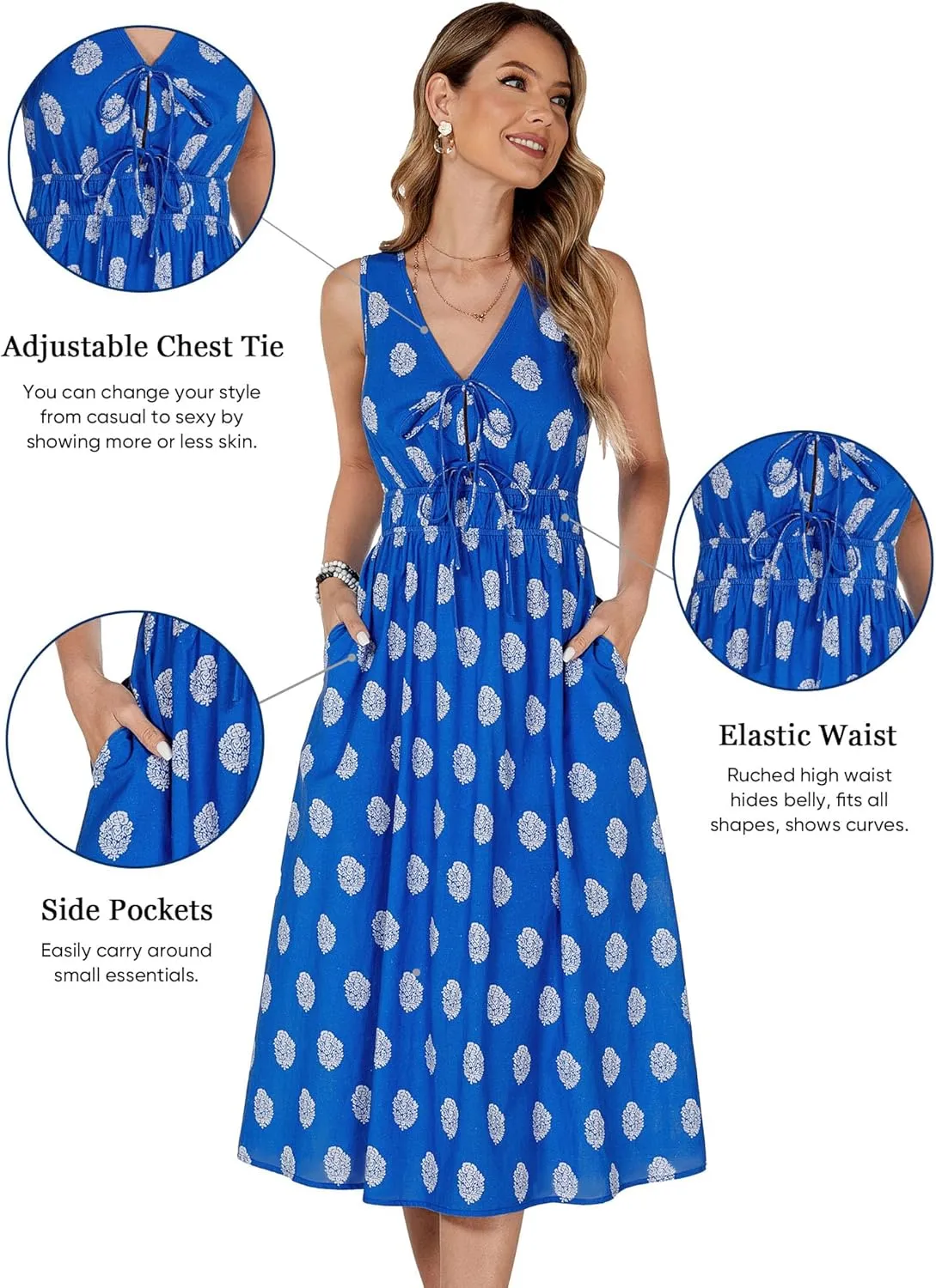 HUHOT Womens Tie Front Elastic Empire Waist Boho Summer Sun Dresses with Pockets