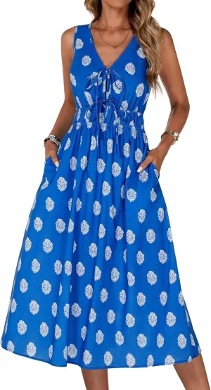 HUHOT Womens Tie Front Elastic Empire Waist Boho Summer Sun Dresses with Pockets