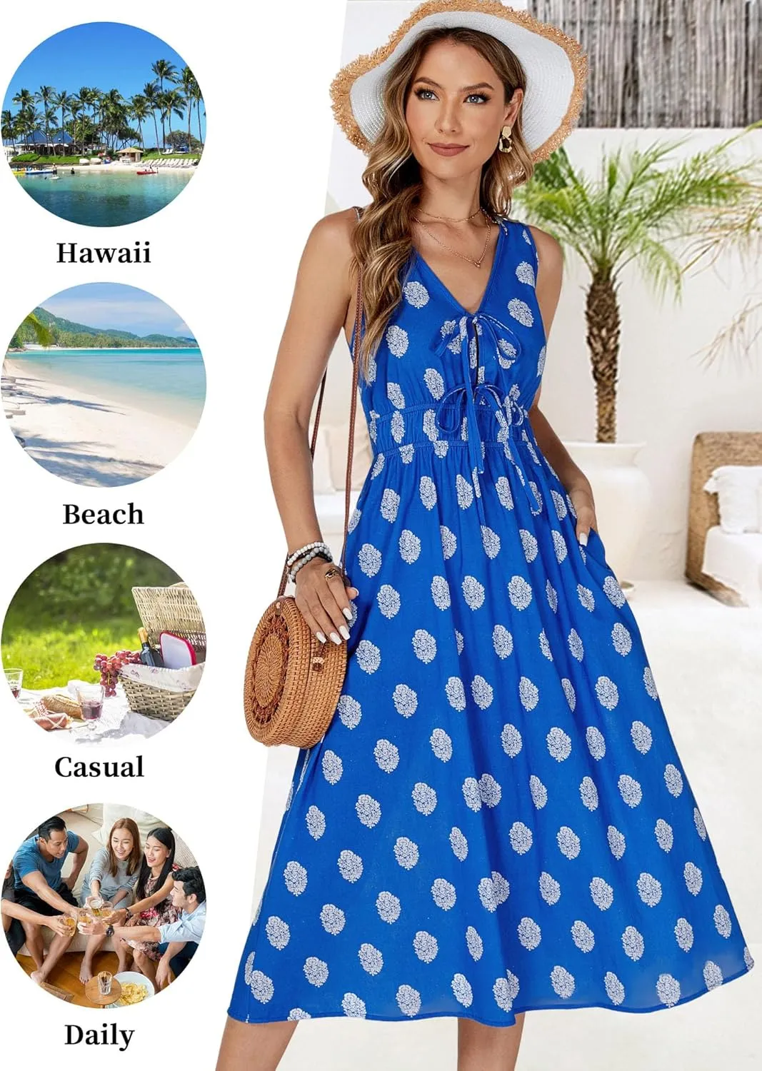 HUHOT Womens Tie Front Elastic Empire Waist Boho Summer Sun Dresses with Pockets