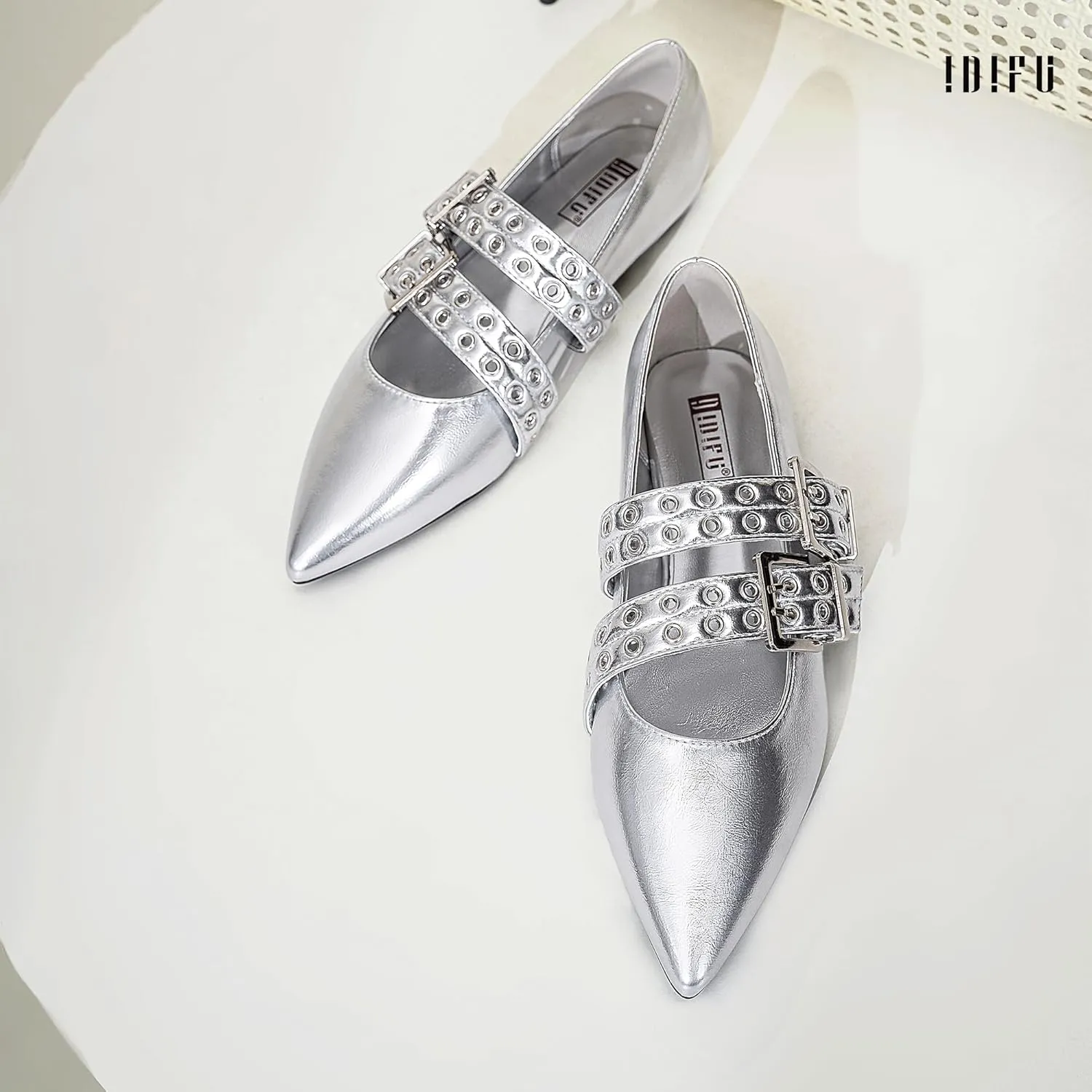 IDIFU Mary Jane Ballet Flats for Women Closed Pointed Toe Double Straps Slip on Buckle Shoes Work Bridal Wedding Prom Office Ladies Casual Dress Shoes Comfortable Fashion Trendy Dressy Flat Shoes