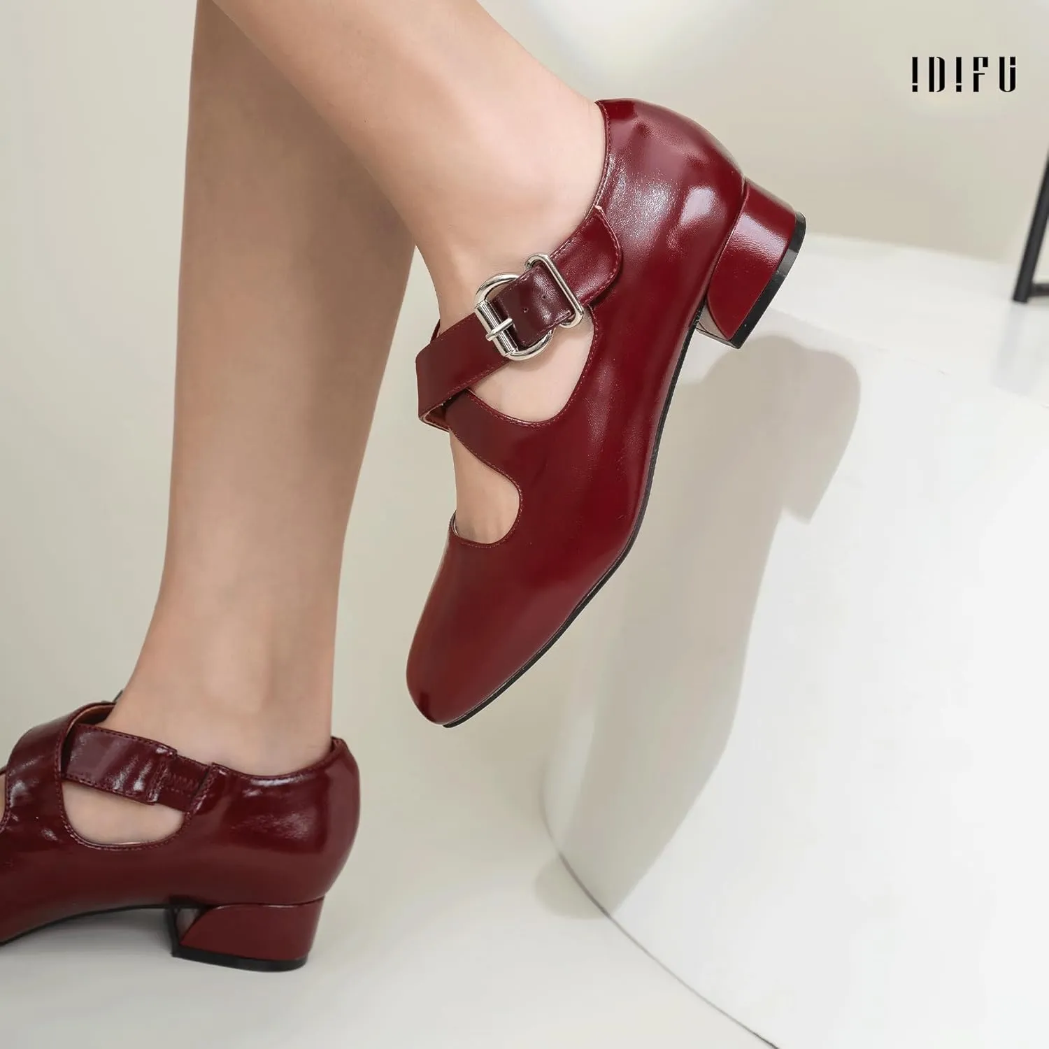 IDIFU Mary Jane Flats for Women Ballet Flats Square Toe Buckle Low Heel Dress Shoes Dressy Casual Comfortable Cute Formal Flat Shoes Bridal Office Criss Cross Strap Dress Flats Shoes