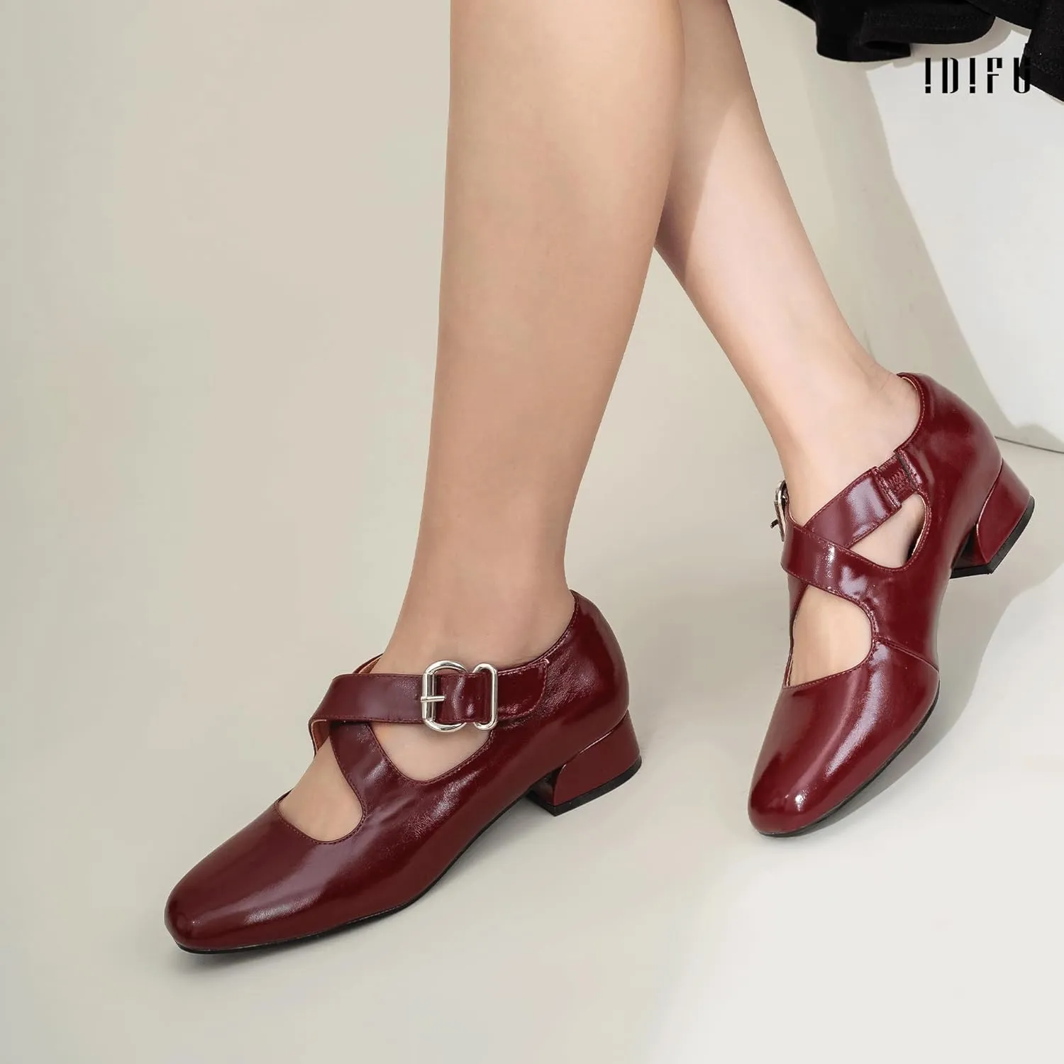 IDIFU Mary Jane Flats for Women Ballet Flats Square Toe Buckle Low Heel Dress Shoes Dressy Casual Comfortable Cute Formal Flat Shoes Bridal Office Criss Cross Strap Dress Flats Shoes