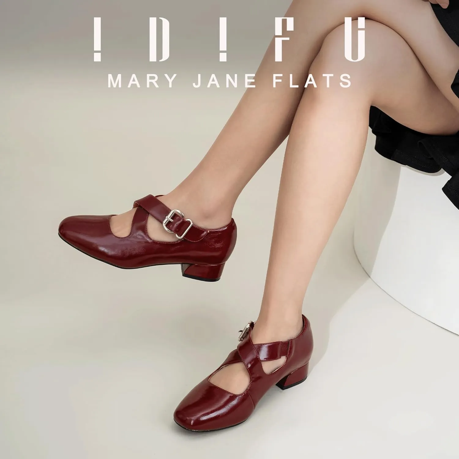 IDIFU Mary Jane Flats for Women Ballet Flats Square Toe Buckle Low Heel Dress Shoes Dressy Casual Comfortable Cute Formal Flat Shoes Bridal Office Criss Cross Strap Dress Flats Shoes