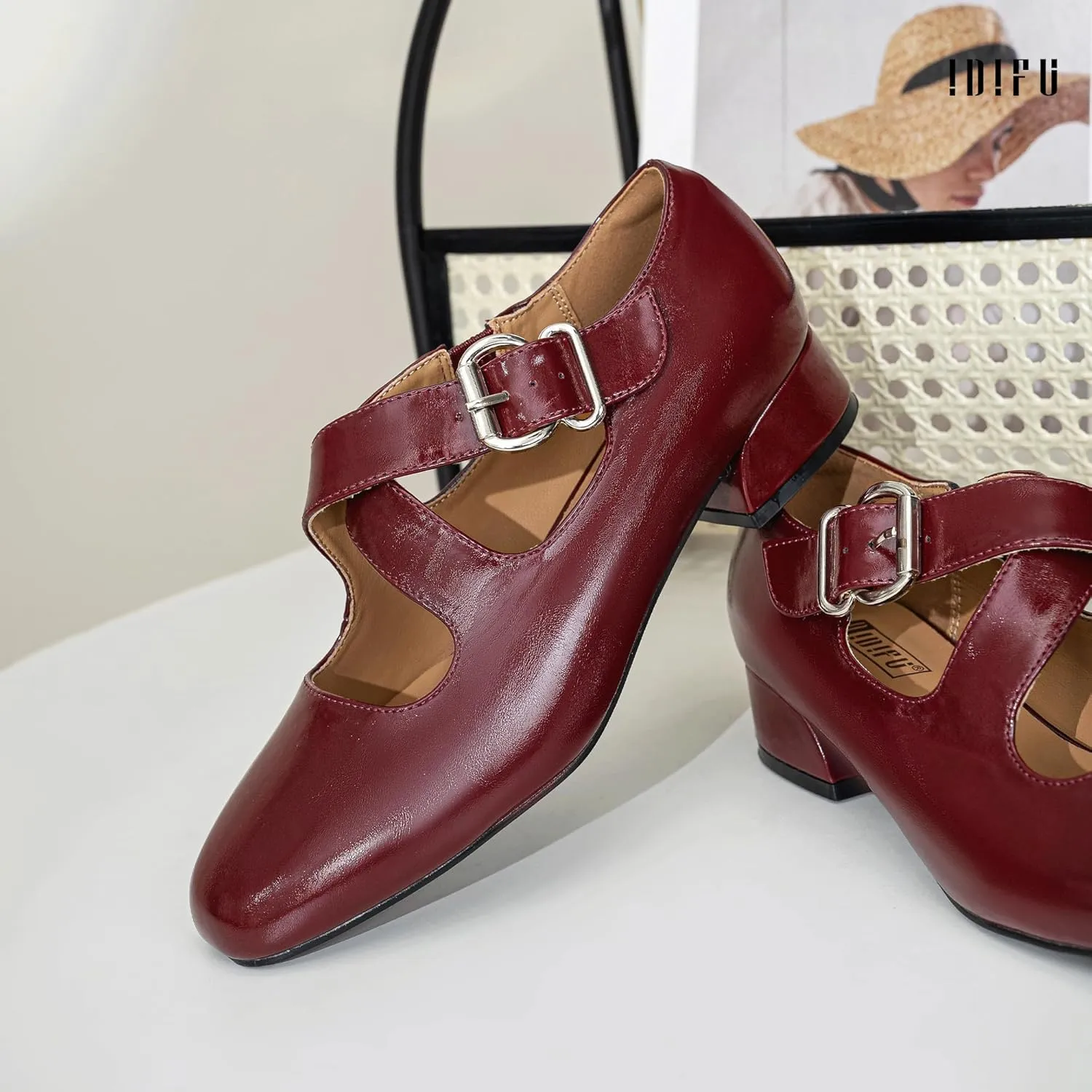 IDIFU Mary Jane Flats for Women Ballet Flats Square Toe Buckle Low Heel Dress Shoes Dressy Casual Comfortable Cute Formal Flat Shoes Bridal Office Criss Cross Strap Dress Flats Shoes
