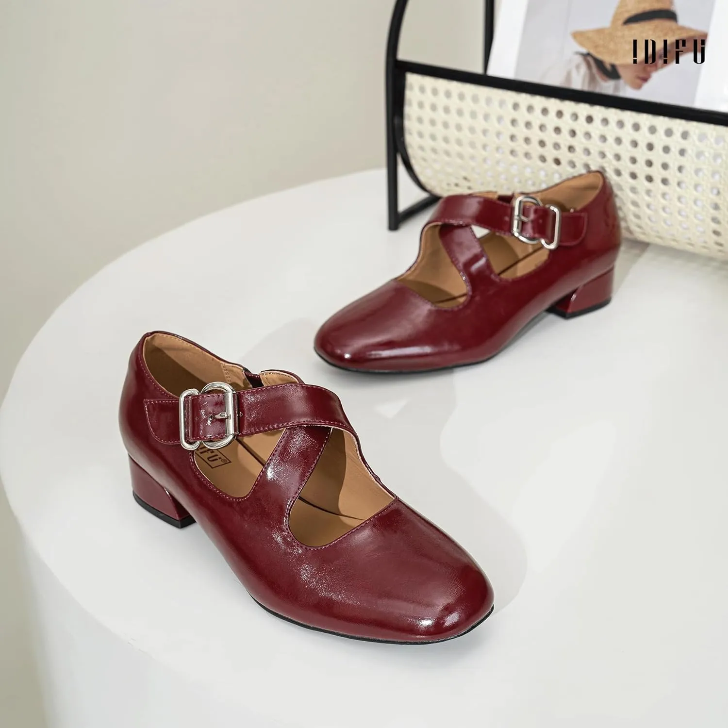IDIFU Mary Jane Flats for Women Ballet Flats Square Toe Buckle Low Heel Dress Shoes Dressy Casual Comfortable Cute Formal Flat Shoes Bridal Office Criss Cross Strap Dress Flats Shoes