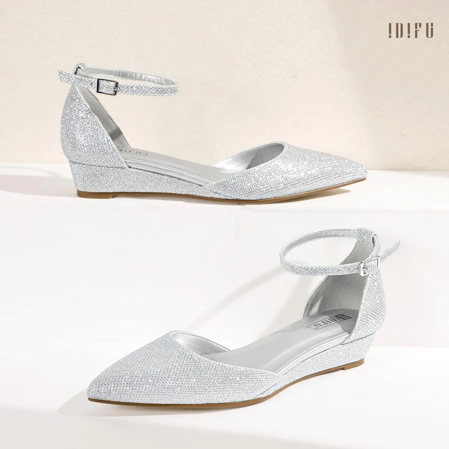 IDIFU Women's Low Wedge Flats Closed Pointed Toe Dress Shoes for Women with Adjustable Ankle Strap Wedding Bridal Work Office Business Prom Comfortable Dressy Casual Formal Cute Flat Shoes