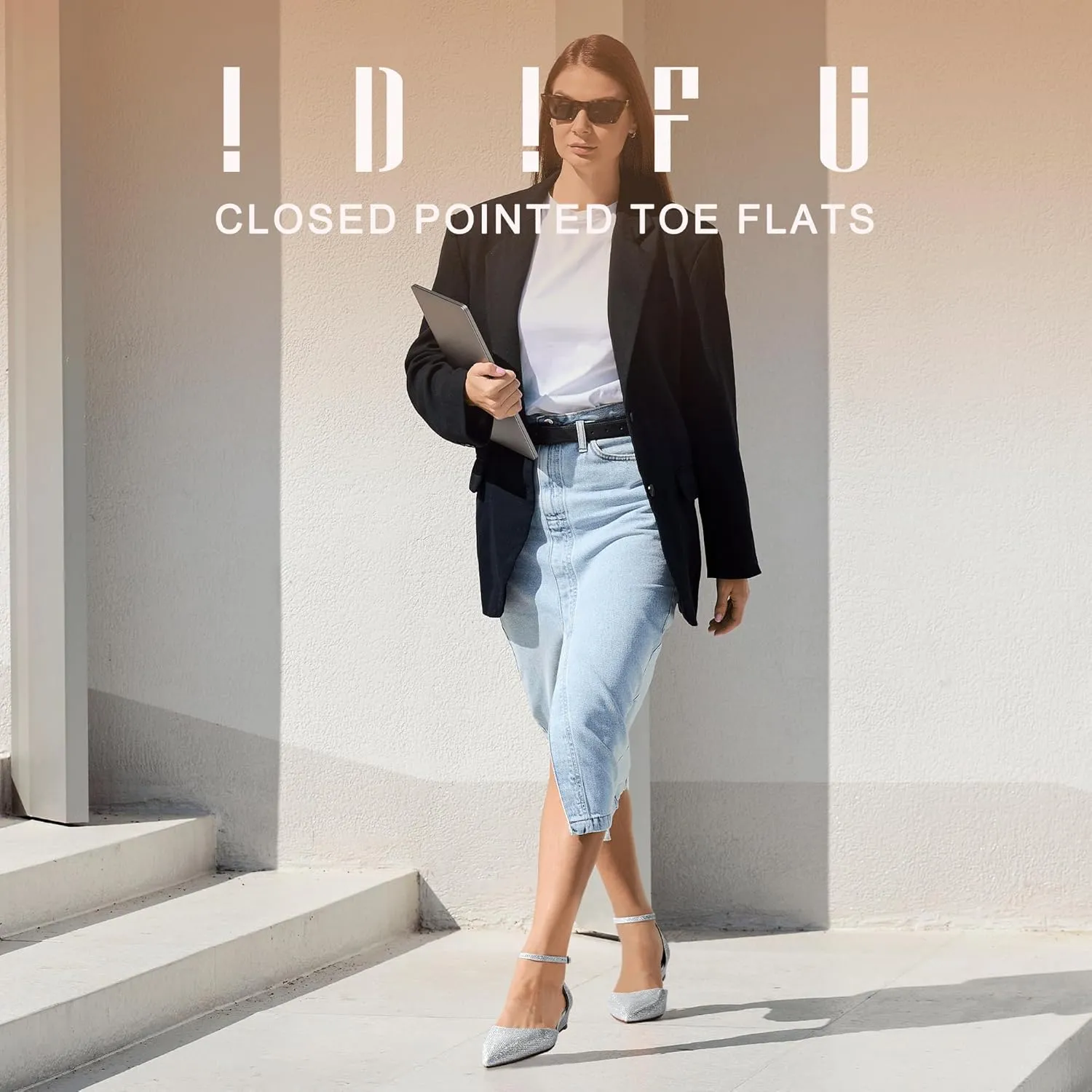 IDIFU Women's Low Wedge Flats Closed Pointed Toe Dress Shoes for Women with Adjustable Ankle Strap Wedding Bridal Work Office Business Prom Comfortable Dressy Casual Formal Cute Flat Shoes