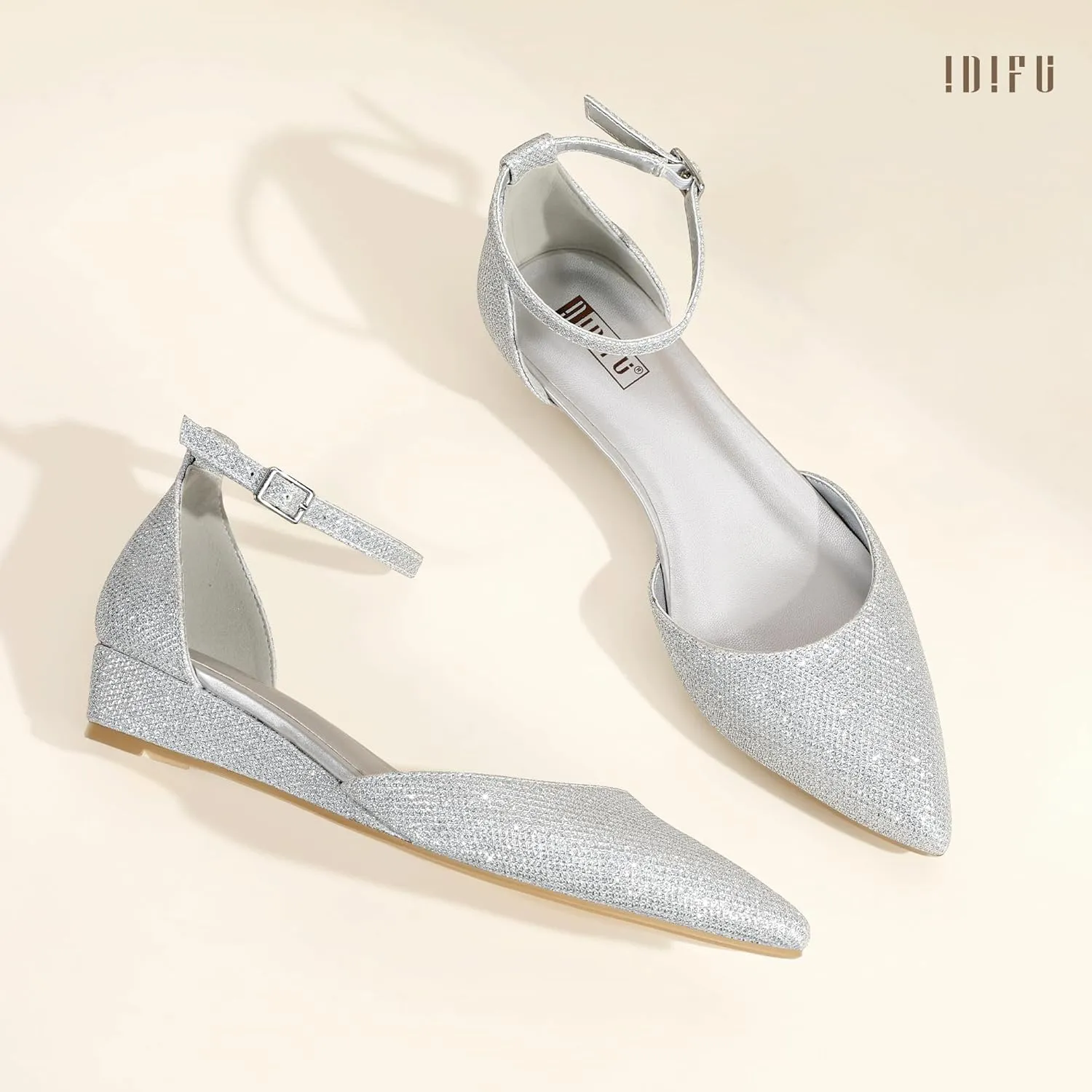 IDIFU Women's Low Wedge Flats Closed Pointed Toe Dress Shoes for Women with Adjustable Ankle Strap Wedding Bridal Work Office Business Prom Comfortable Dressy Casual Formal Cute Flat Shoes