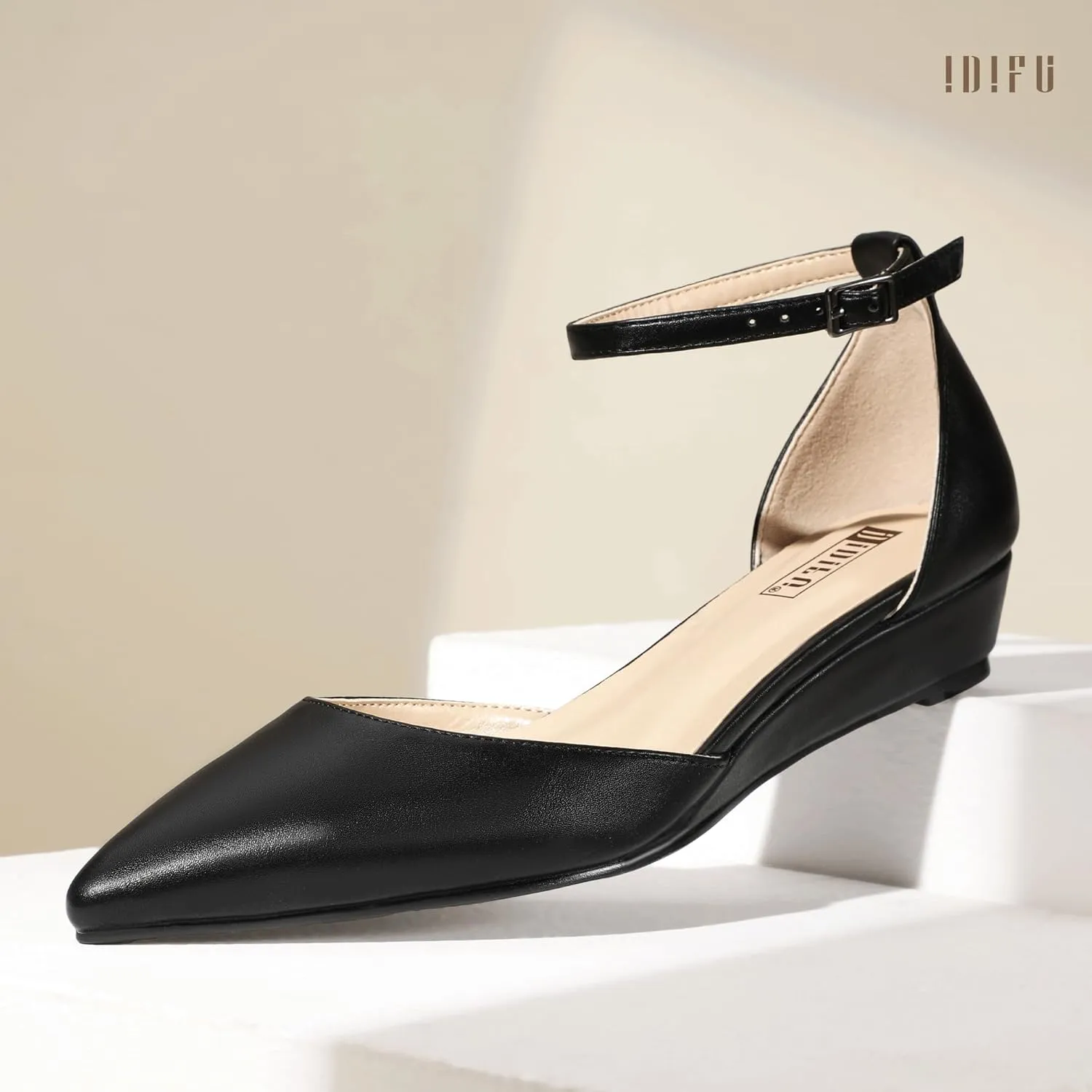 IDIFU Women's Low Wedge Flats Closed Pointed Toe Dress Shoes for Women with Adjustable Ankle Strap Wedding Bridal Work Office Business Prom Comfortable Dressy Casual Formal Cute Flat Shoes