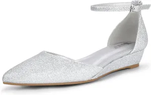 IDIFU Women's Low Wedge Flats Closed Pointed Toe Dress Shoes for Women with Adjustable Ankle Strap Wedding Bridal Work Office Business Prom Comfortable Dressy Casual Formal Cute Flat Shoes