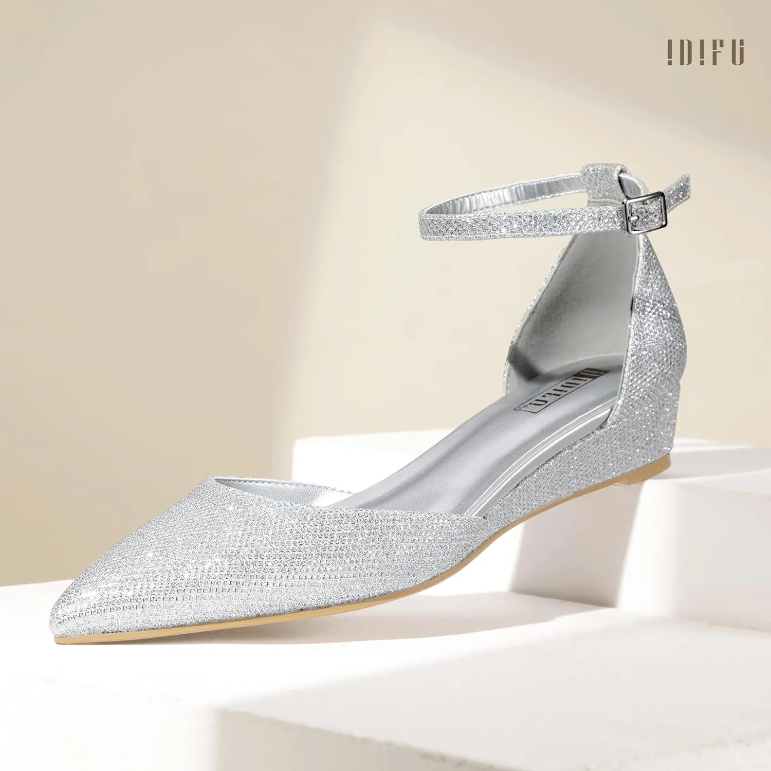 IDIFU Women's Low Wedge Flats Closed Pointed Toe Dress Shoes for Women with Adjustable Ankle Strap Wedding Bridal Work Office Business Prom Comfortable Dressy Casual Formal Cute Flat Shoes