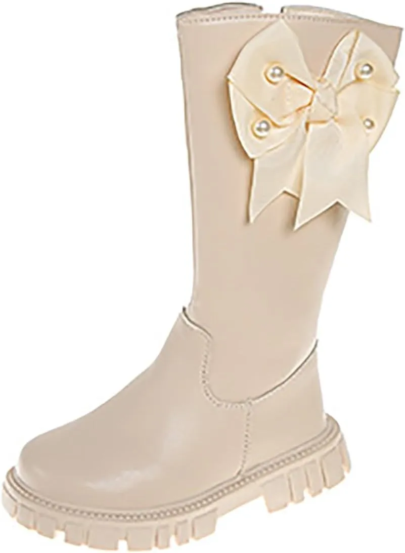 𝗣ink Toddler Cow-girl Boots With Zipper Girls Leather Mid Length Tall Boots Childrens Soft Slip On 𝐖aterproof Snowboots