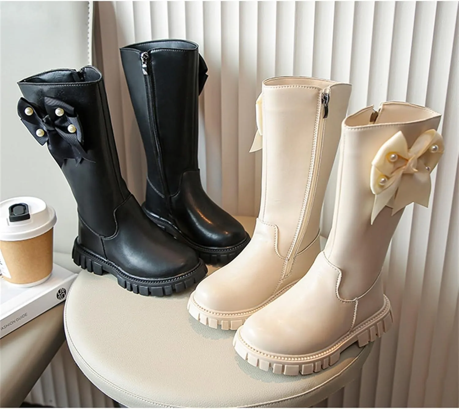 𝗣ink Toddler Cow-girl Boots With Zipper Girls Leather Mid Length Tall Boots Childrens Soft Slip On 𝐖aterproof Snowboots