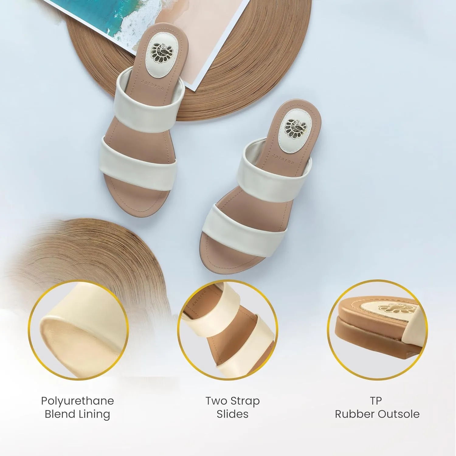 JATAREA Slip-On Flat Leather Slides for Women | Two Strap Open Toe Beach Sandals - BOJRA & ABANTI