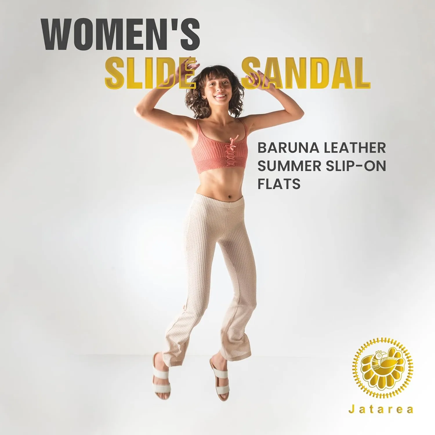 JATAREA Slip-On Flat Leather Slides for Women | Two Strap Open Toe Beach Sandals - BOJRA & ABANTI