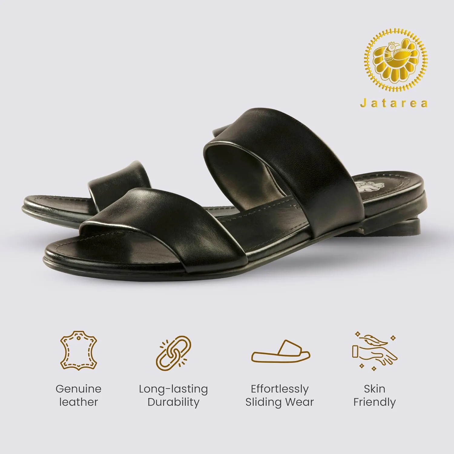 JATAREA Slip-On Flat Leather Slides for Women | Two Strap Open Toe Beach Sandals - BOJRA & ABANTI