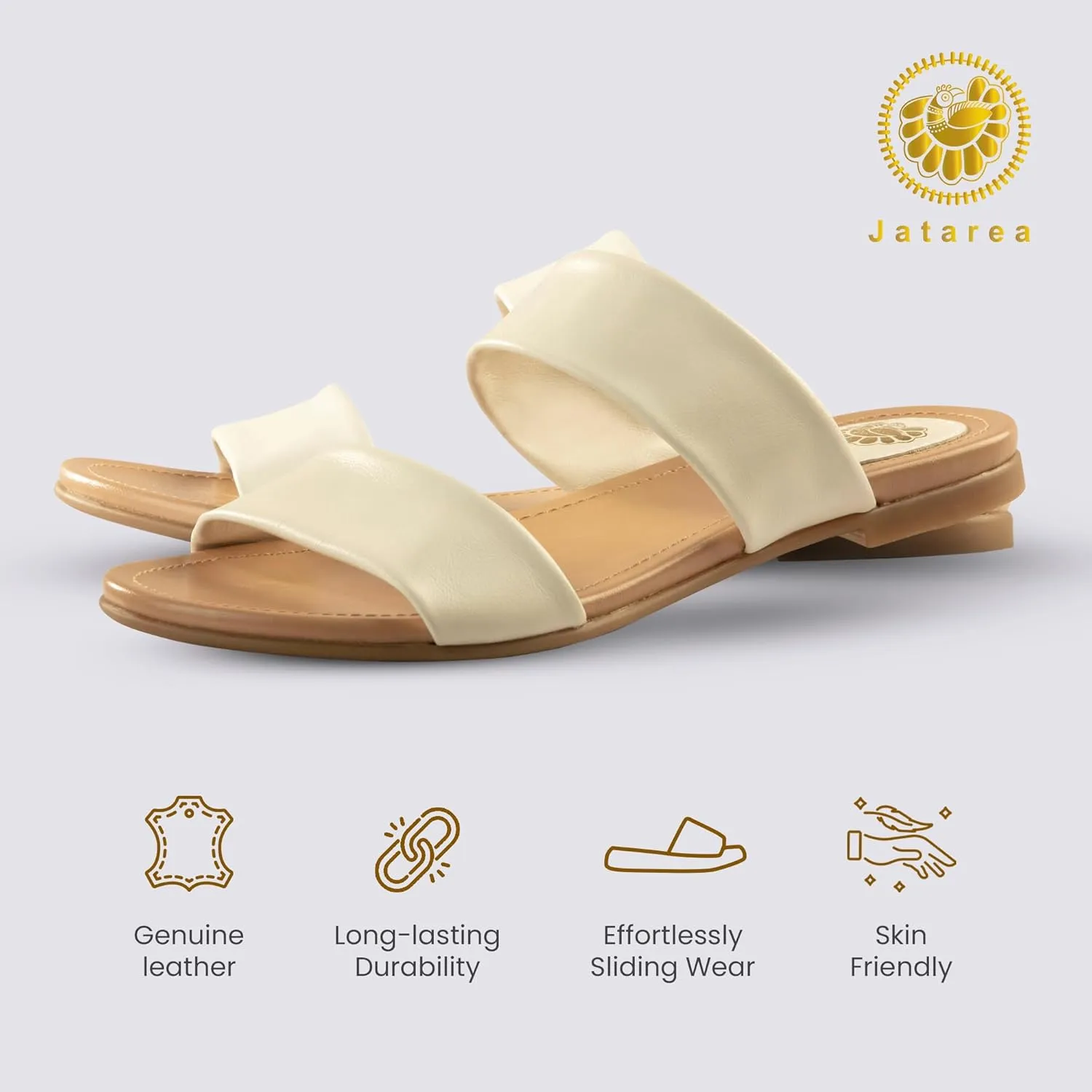 JATAREA Slip-On Flat Leather Slides for Women | Two Strap Open Toe Beach Sandals - BOJRA & ABANTI