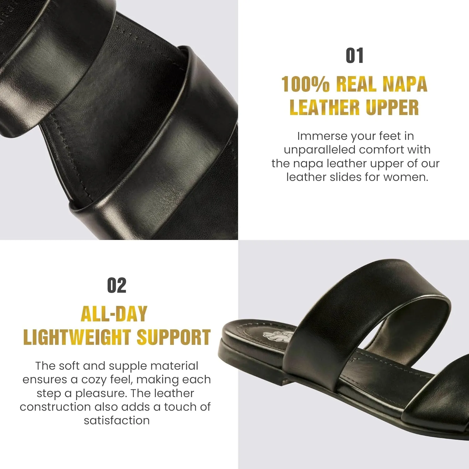 JATAREA Slip-On Flat Leather Slides for Women | Two Strap Open Toe Beach Sandals - BOJRA & ABANTI