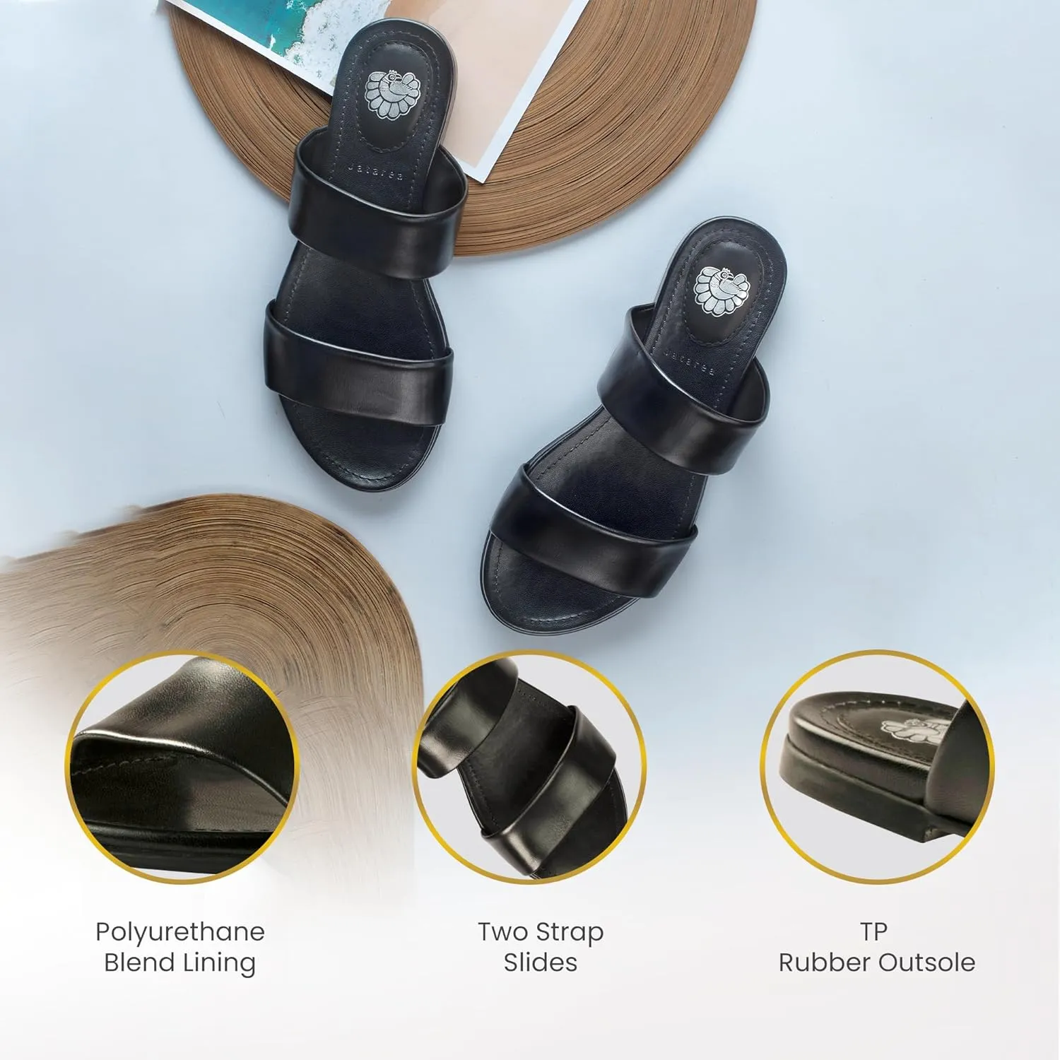 JATAREA Slip-On Flat Leather Slides for Women | Two Strap Open Toe Beach Sandals - BOJRA & ABANTI