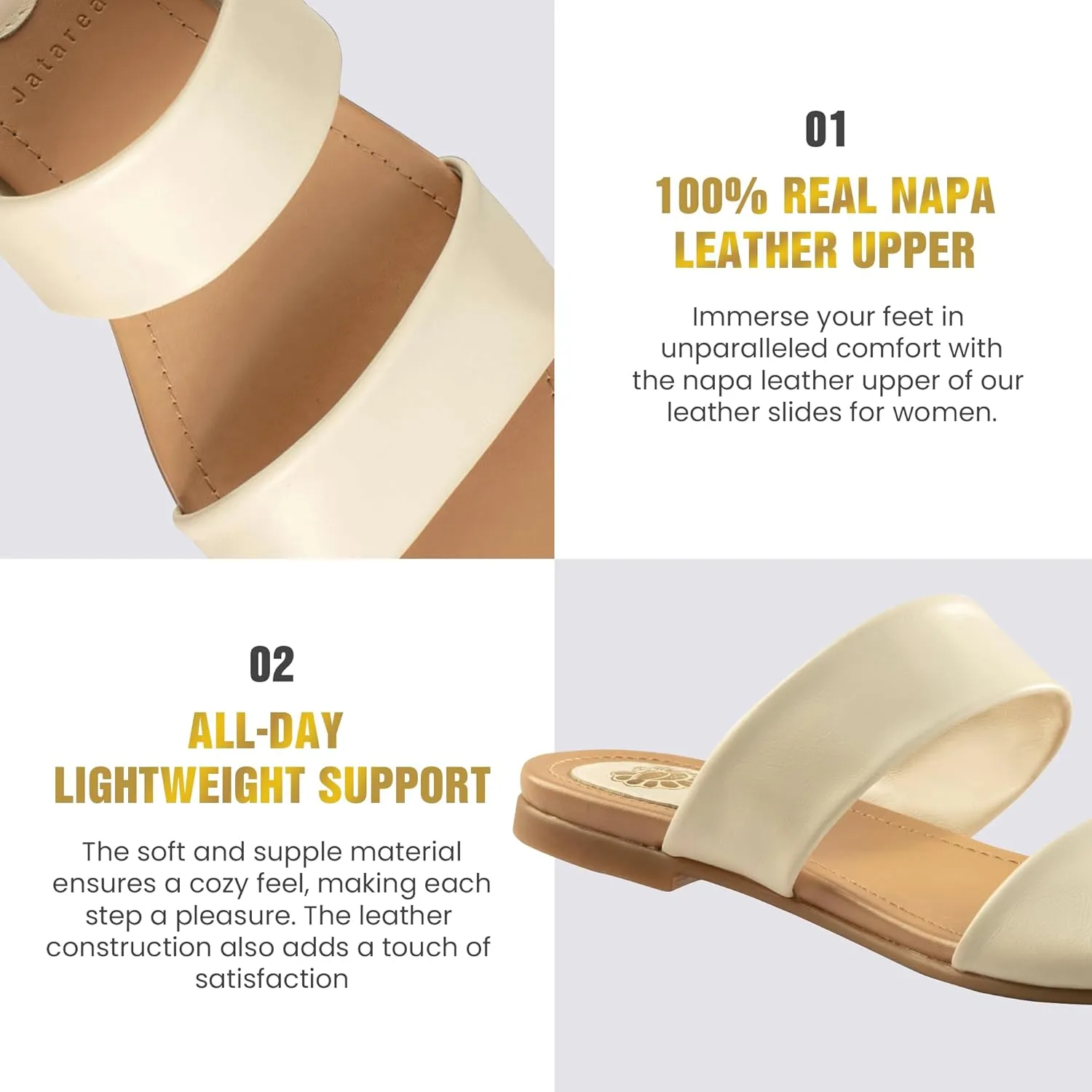JATAREA Slip-On Flat Leather Slides for Women | Two Strap Open Toe Beach Sandals - BOJRA & ABANTI