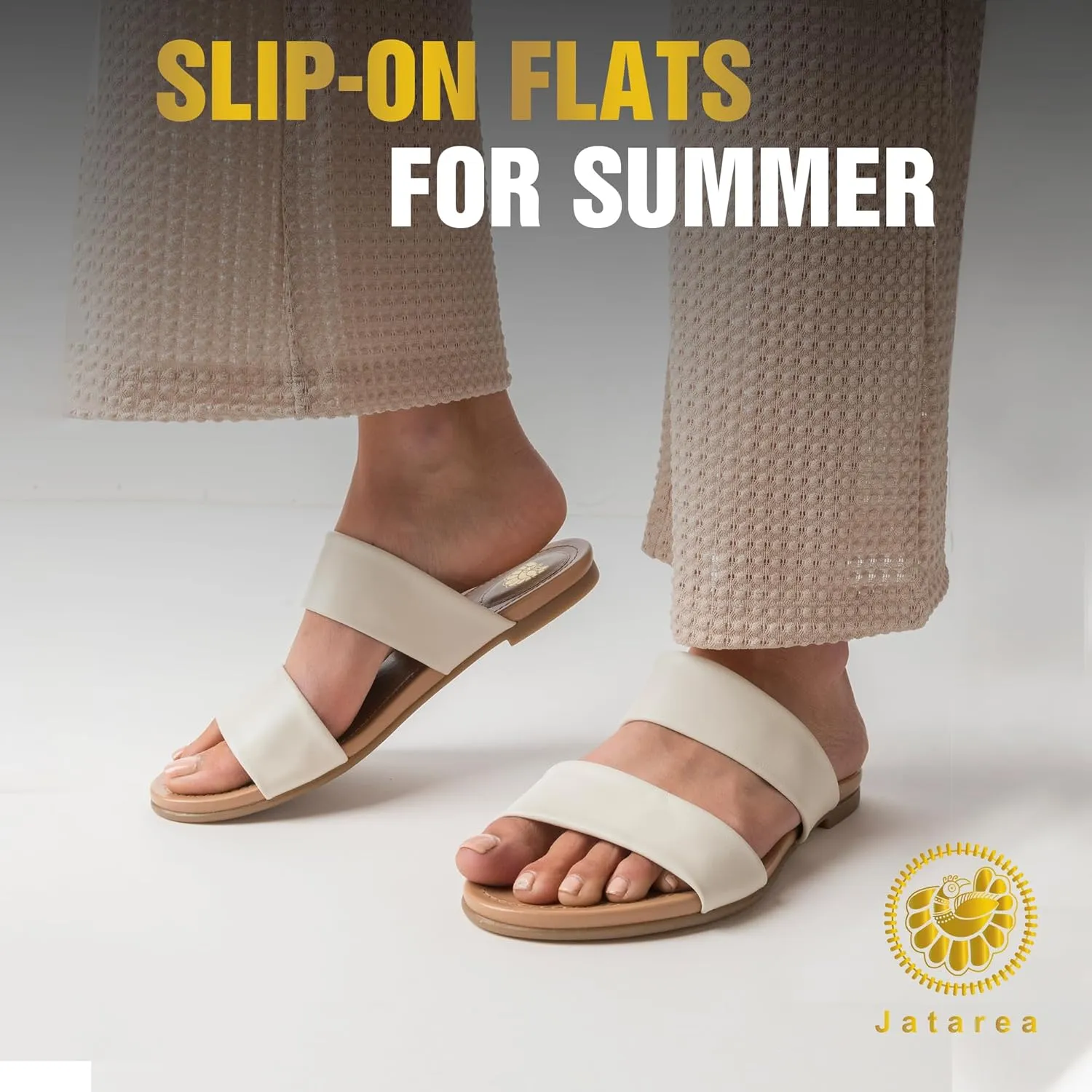 JATAREA Slip-On Flat Leather Slides for Women | Two Strap Open Toe Beach Sandals - BOJRA & ABANTI
