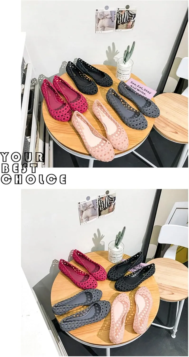 Jelly Mesh Ballet Flats for Women Clear Jelly Sandals Hollow Water Slides Slip on House Slippers Wide Loafers Lightweight Breathable No Slip Dressy Ballerina Shoes Summer Cruise Vacation Beach Party